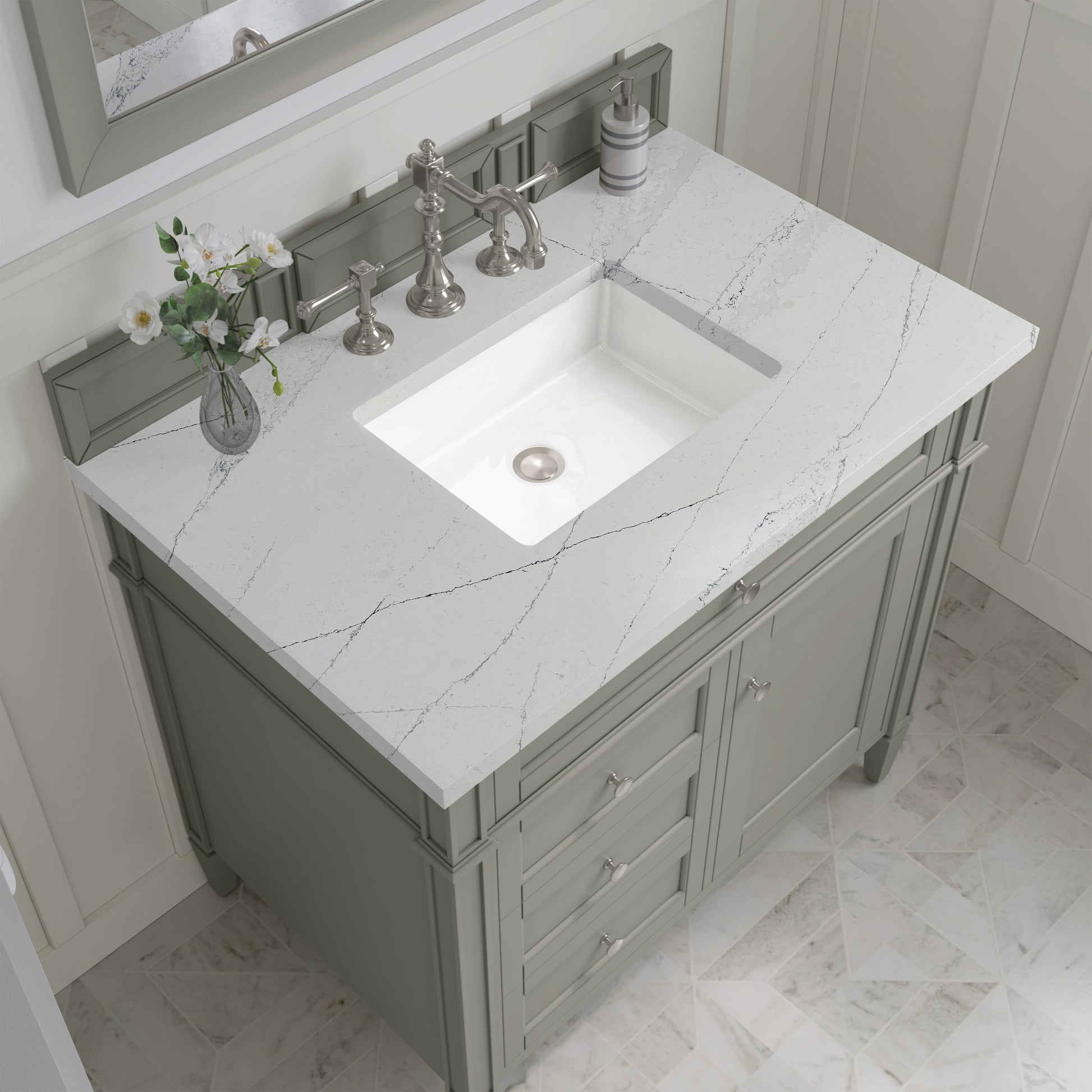 Renovate for Less Atlanta Brittany 36" Single Vanity, Urban Gray w/ 3 CM Ethereal Noctis Silestone Top