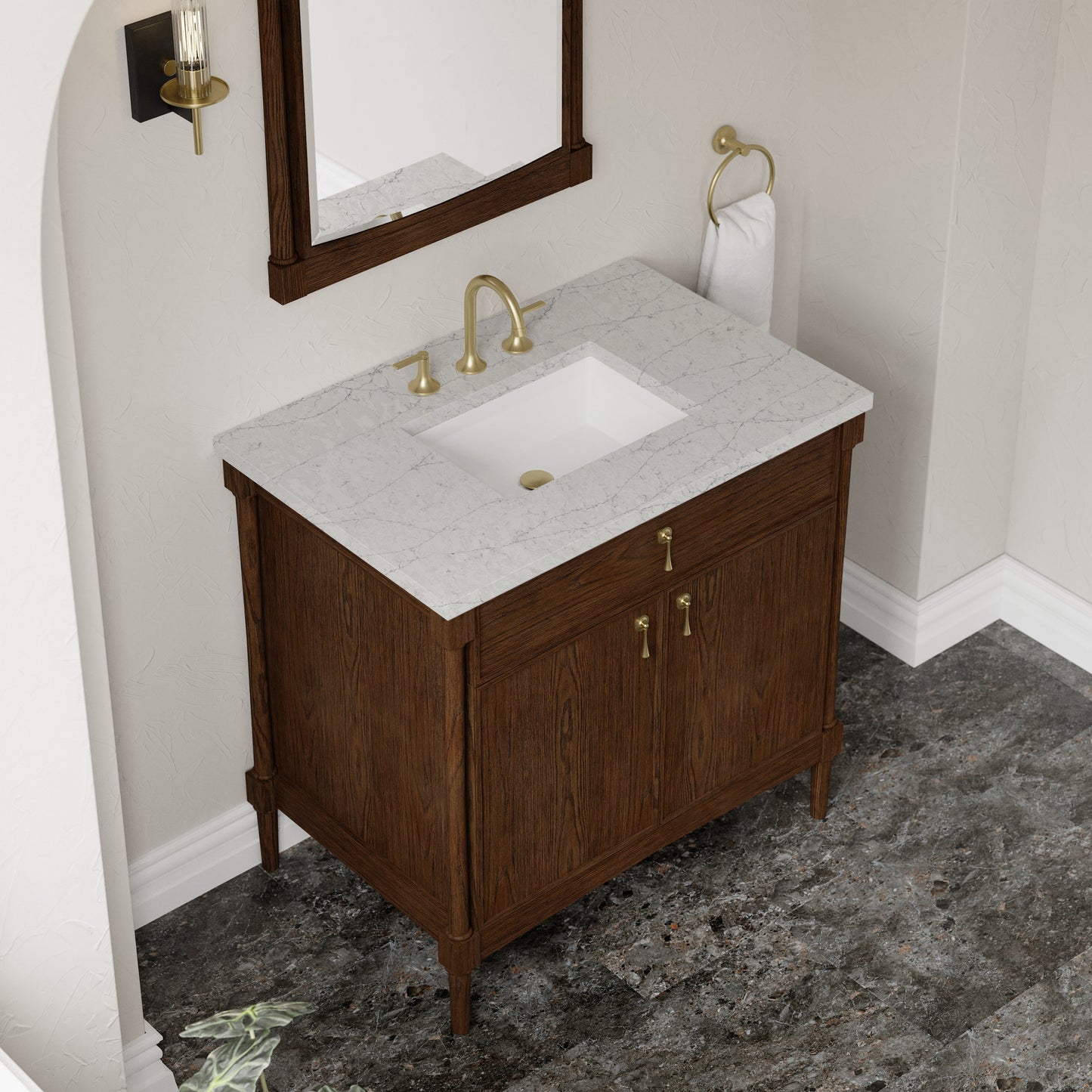 Renovate for Less Atlanta Kinnsden 36" Single Vanity, Sable Oak w/ 3 CM Eternal Jasmine Pearl Silestone Top