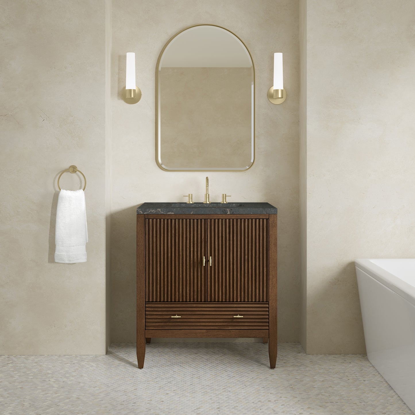 Renovate for Less Atlanta Myrrin 30" Single Vanity, Mid-Century Walnut w/ 3 CM Parisien Bleu Silestone Top