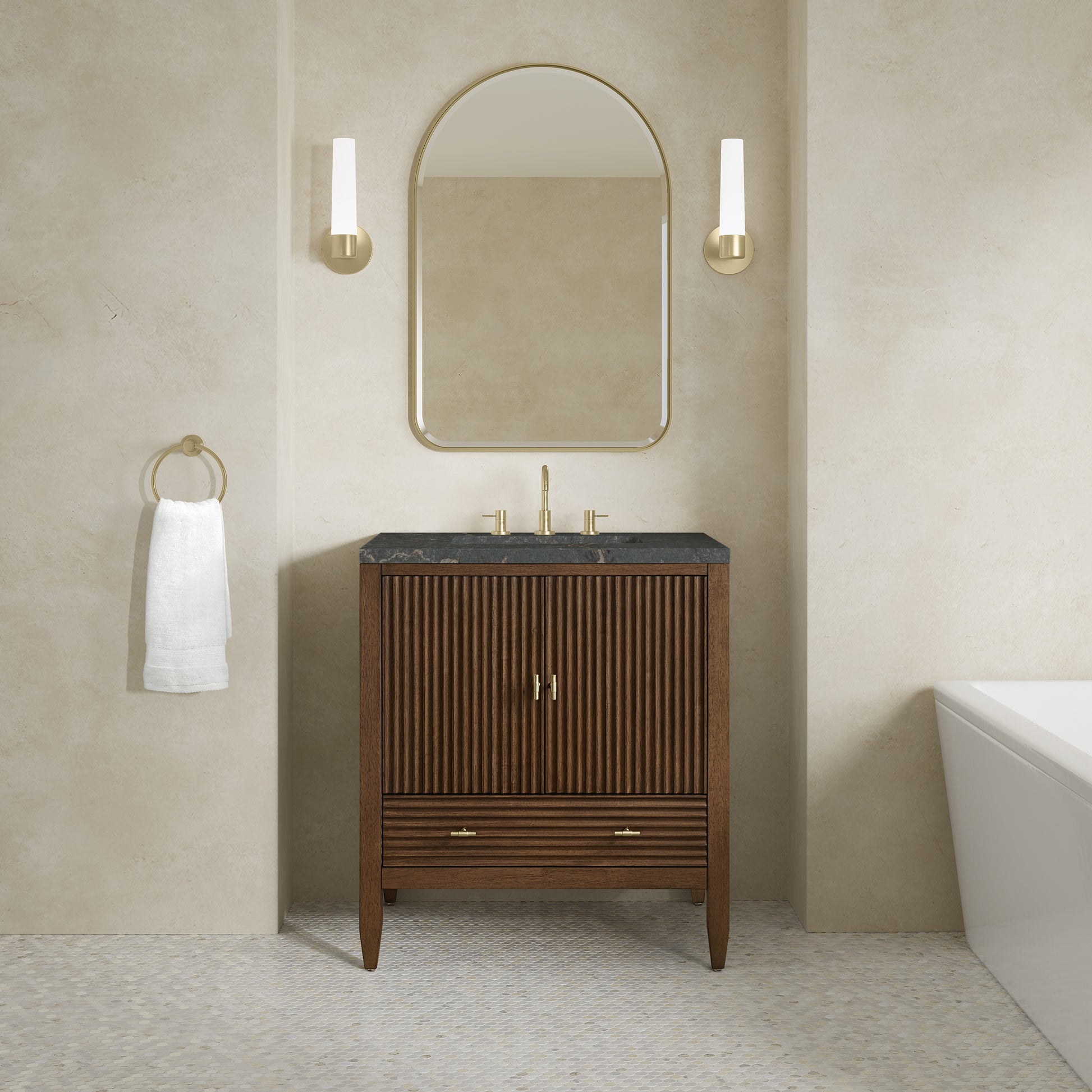 Renovate for Less Atlanta Myrrin 30" Single Vanity, Mid-Century Walnut w/ 3 CM Parisien Bleu Silestone Top