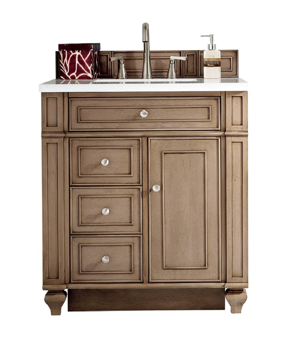 Renovate for Less Atlanta Bristol 30" Single Vanity, Whitewashed Walnut w/ 3 CM White Zeus Silestone Top