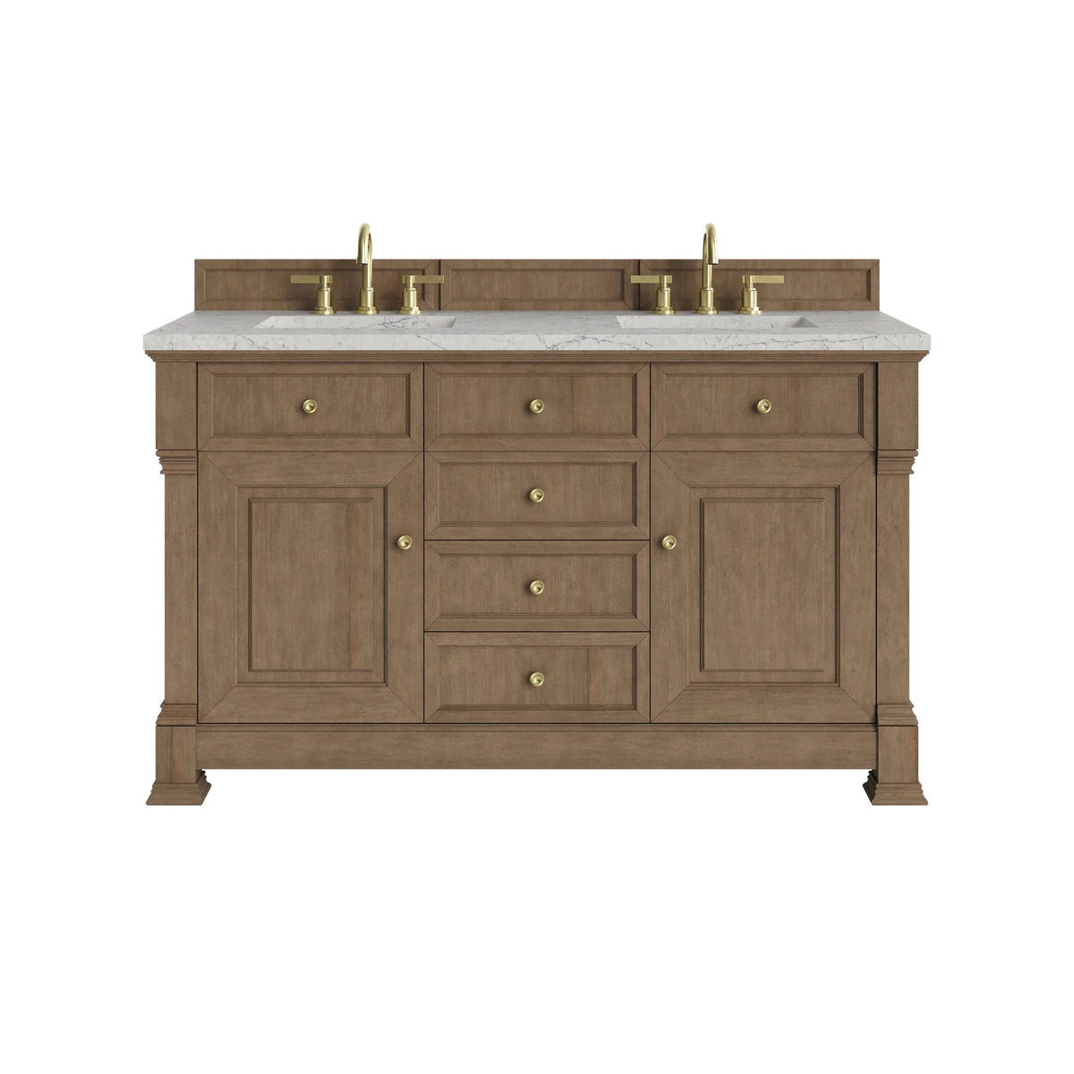 Brookfield 60" Double Vanity, Pecan w/3 CM Eternal Jasmine Pearl Silestone Top
