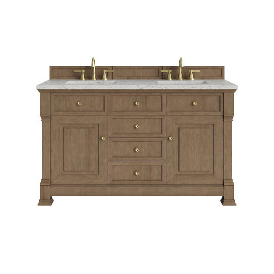 Brookfield 60" Double Vanity, Pecan w/3 CM Eternal Jasmine Pearl Silestone Top