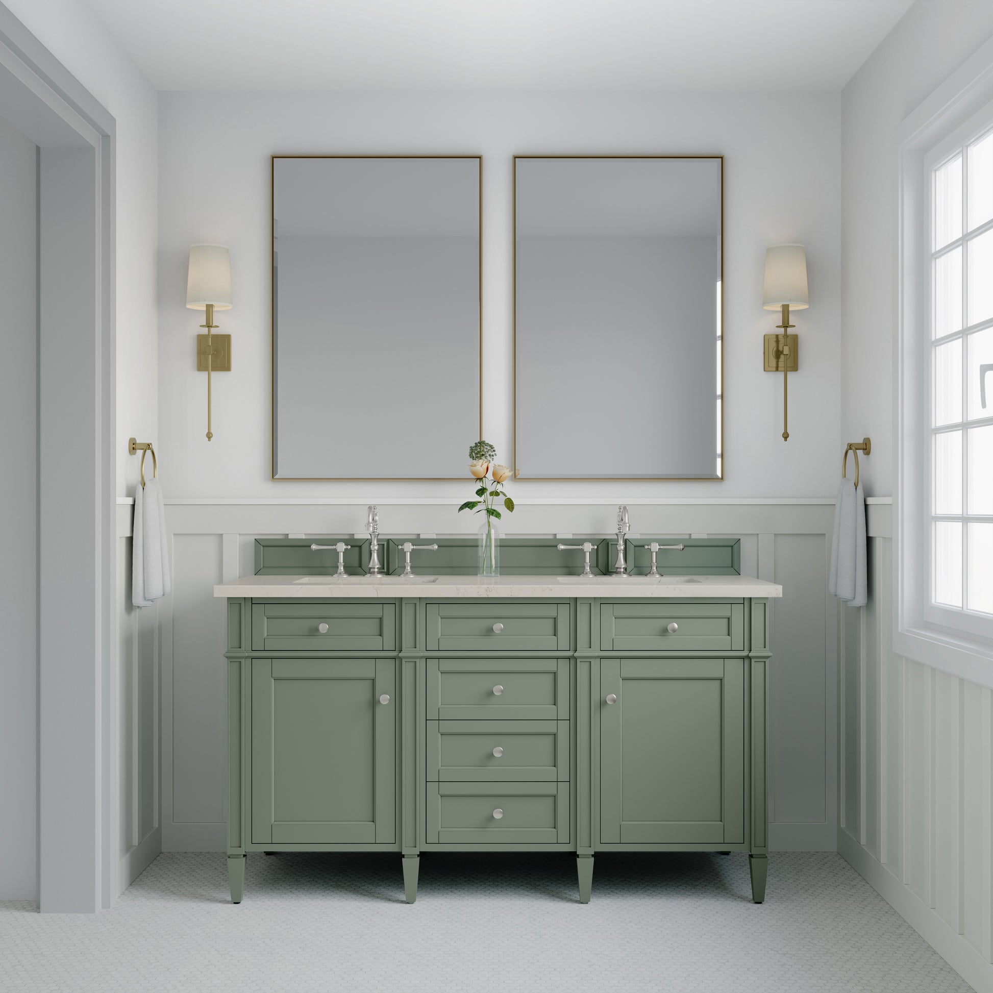 Renovate for Less Atlanta Brittany 60" Double Vanity, Smokey Celadon, w/ 3 CM Siberian Silestone Top