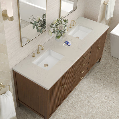 Renovate for Less Atlanta Myrrin 72" Vanity, Mid Century Walnut, w/ 3 CM Siberian Silestone Top w/FreePower Wireless Charger