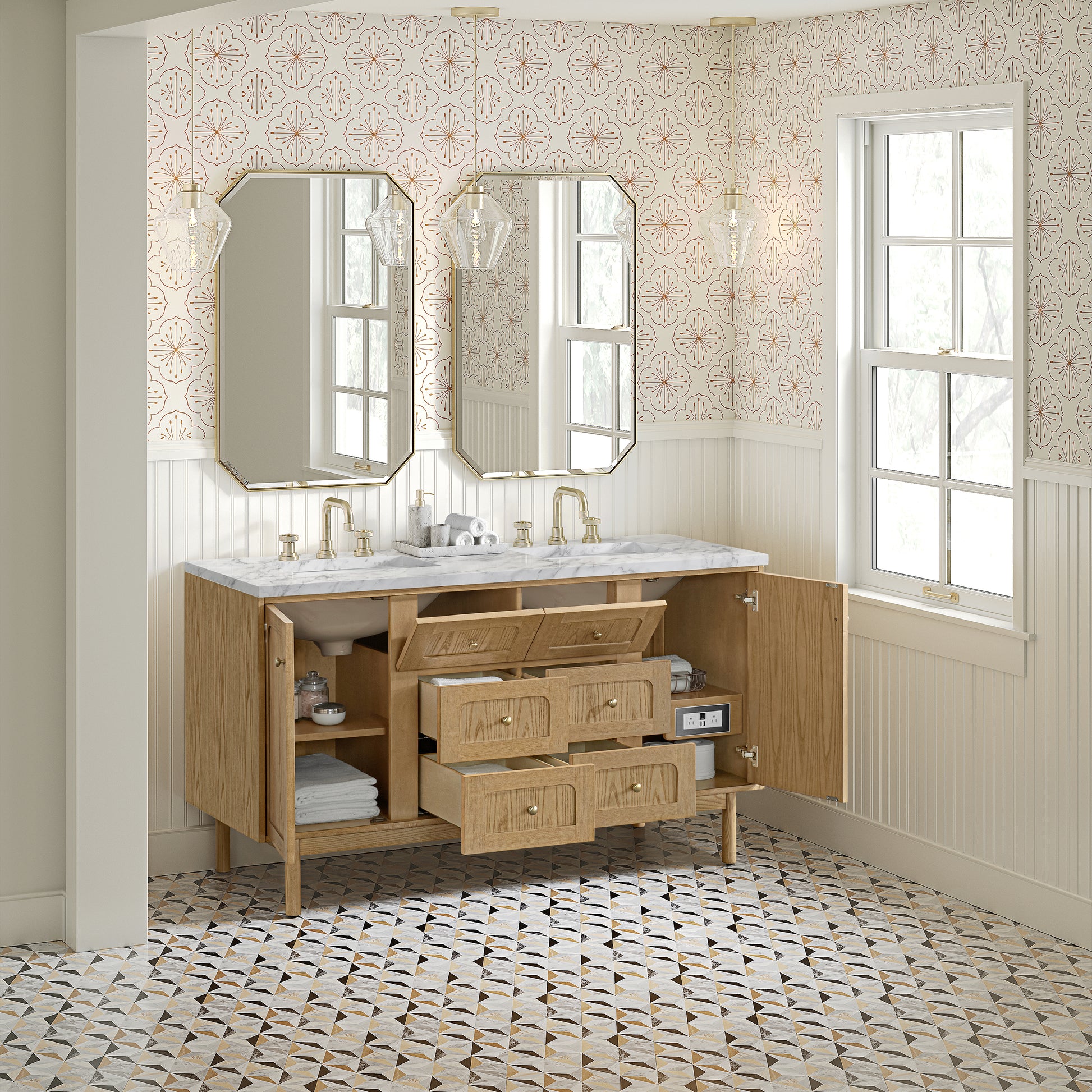 Renovate for Less Atlanta Laurent 60" Double Vanity, Light Natural Oak, w/ 3 CM Carrara Marble Top