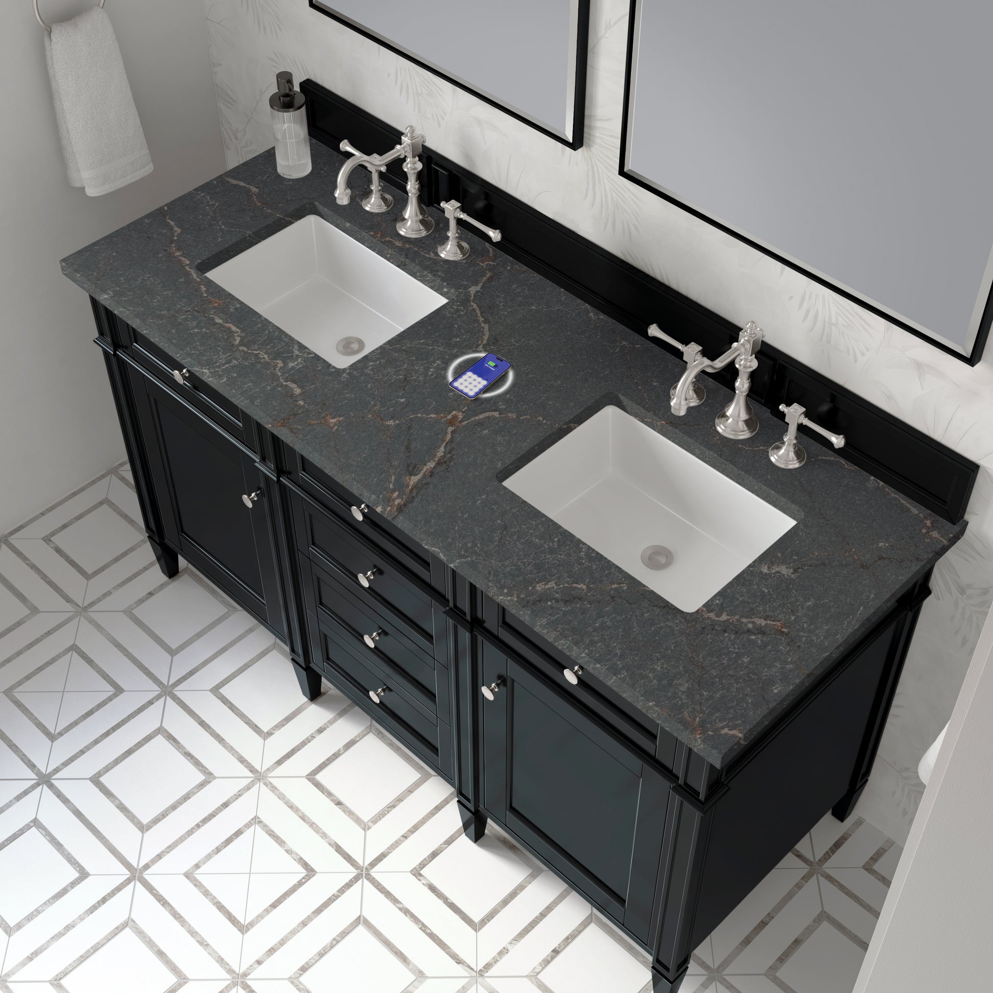 Renovate for Less Atlanta Brittany 60" Double Vanity, Black Onyx w/ 3 CM Parisien Bleu Silestone Top w/FreePower Wireless Charger