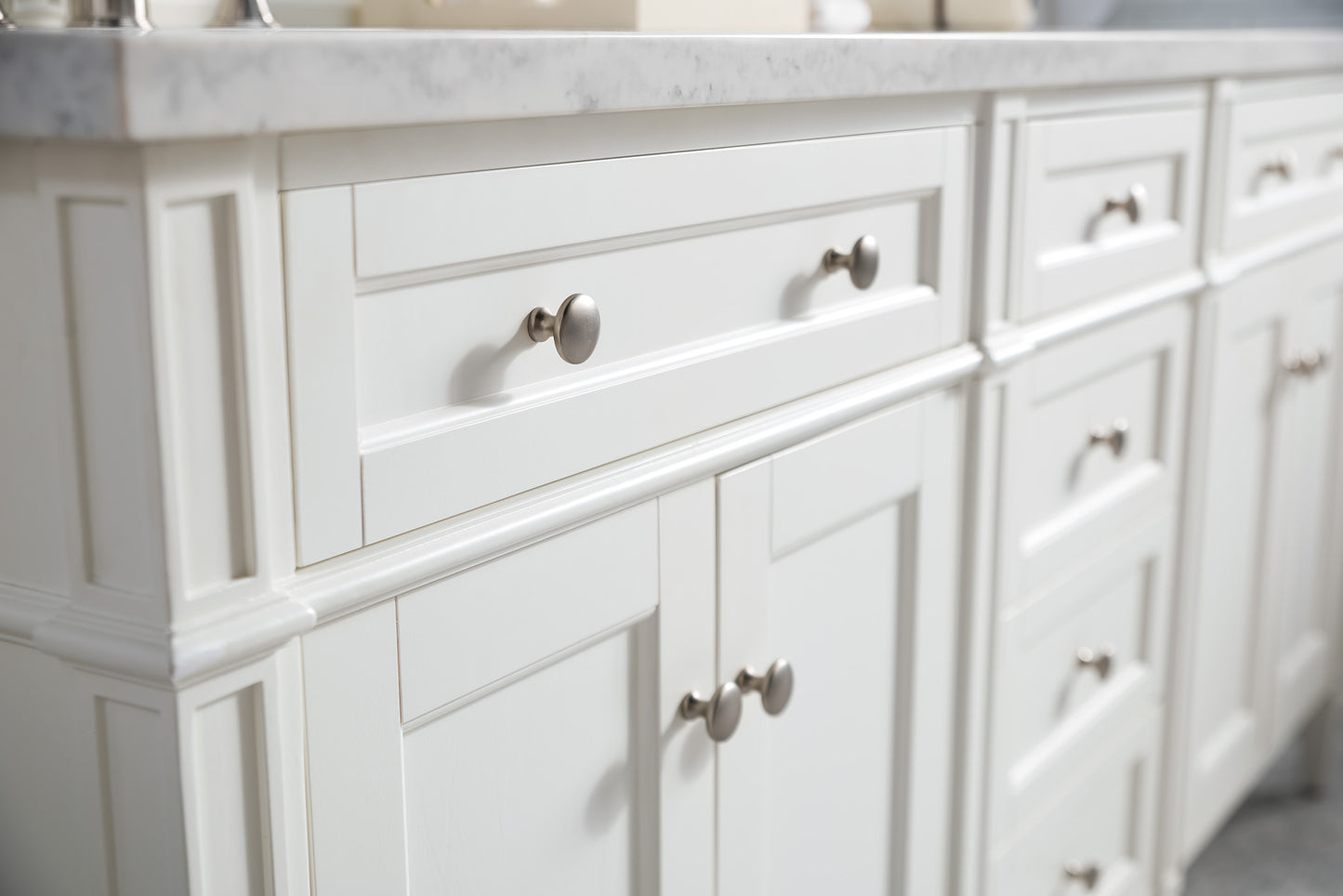 Renovate for Less Atlanta Brittany 72" Double Vanity, Bright White Vanity w/ 3 CM Carrara Marble Top