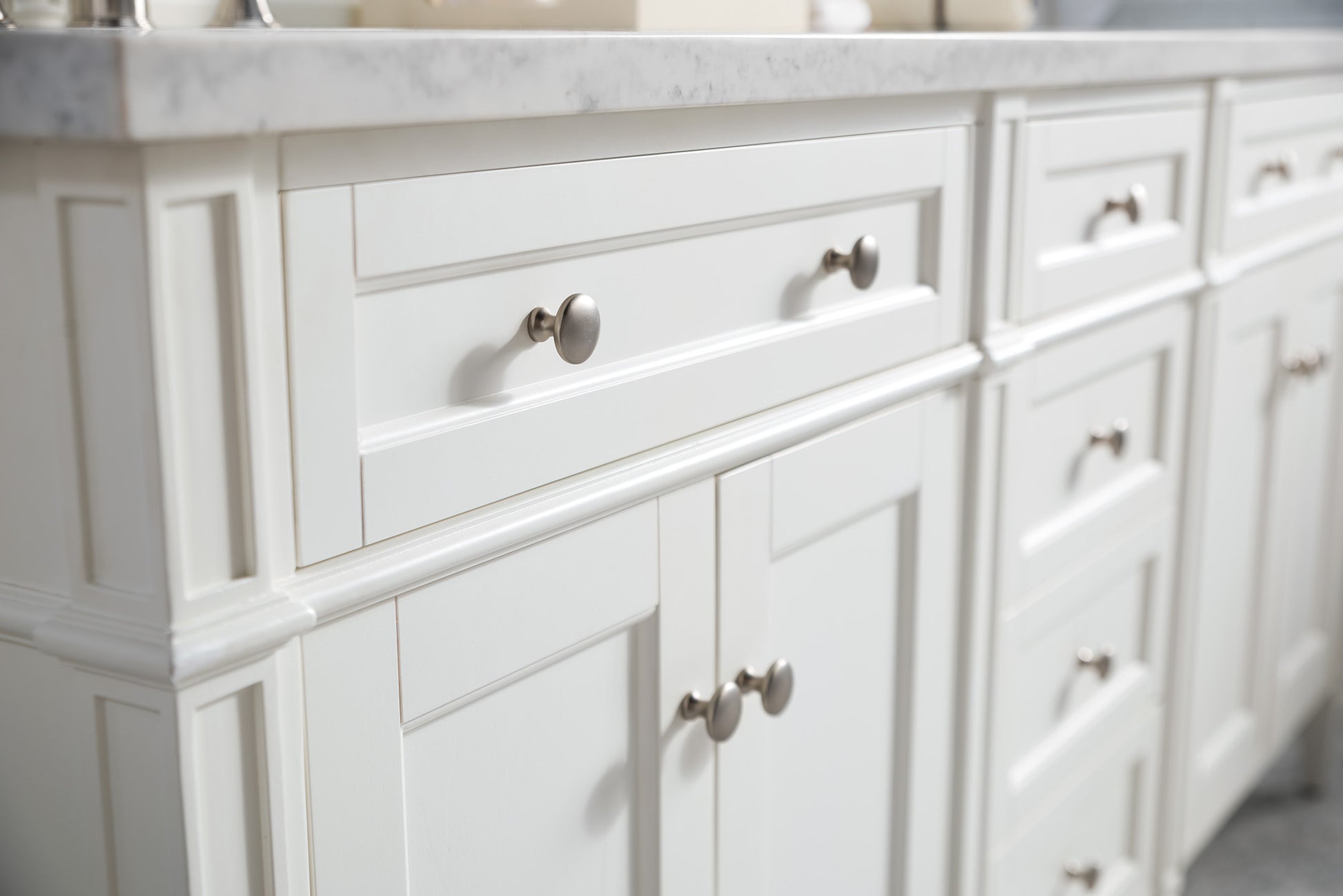 Renovate for Less Atlanta Brittany 72" Double Vanity, Bright White Vanity w/ 3 CM Carrara Marble Top