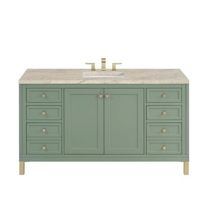 Chicago 60" Single Vanity, Smokey Celadon, w/ 3 CM Tajnar Eclos Top w/FreePower Wireless Charger