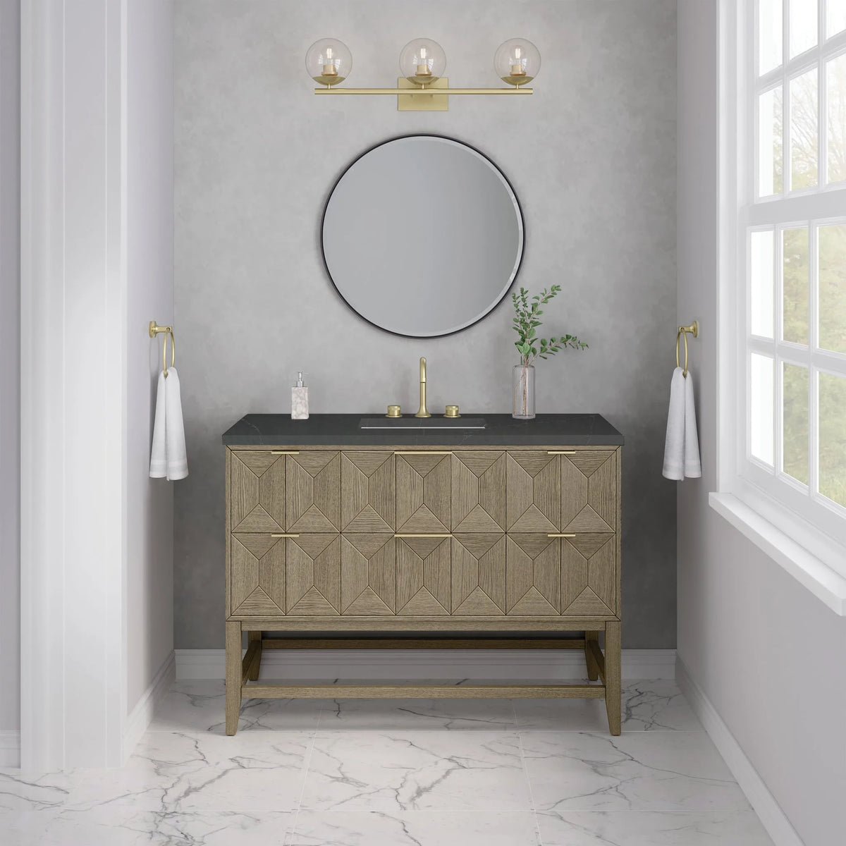 Emmeline 48" Single Vanity, Pebble Oak w/ 3 CM Charcoal Soapstone Silestone Top