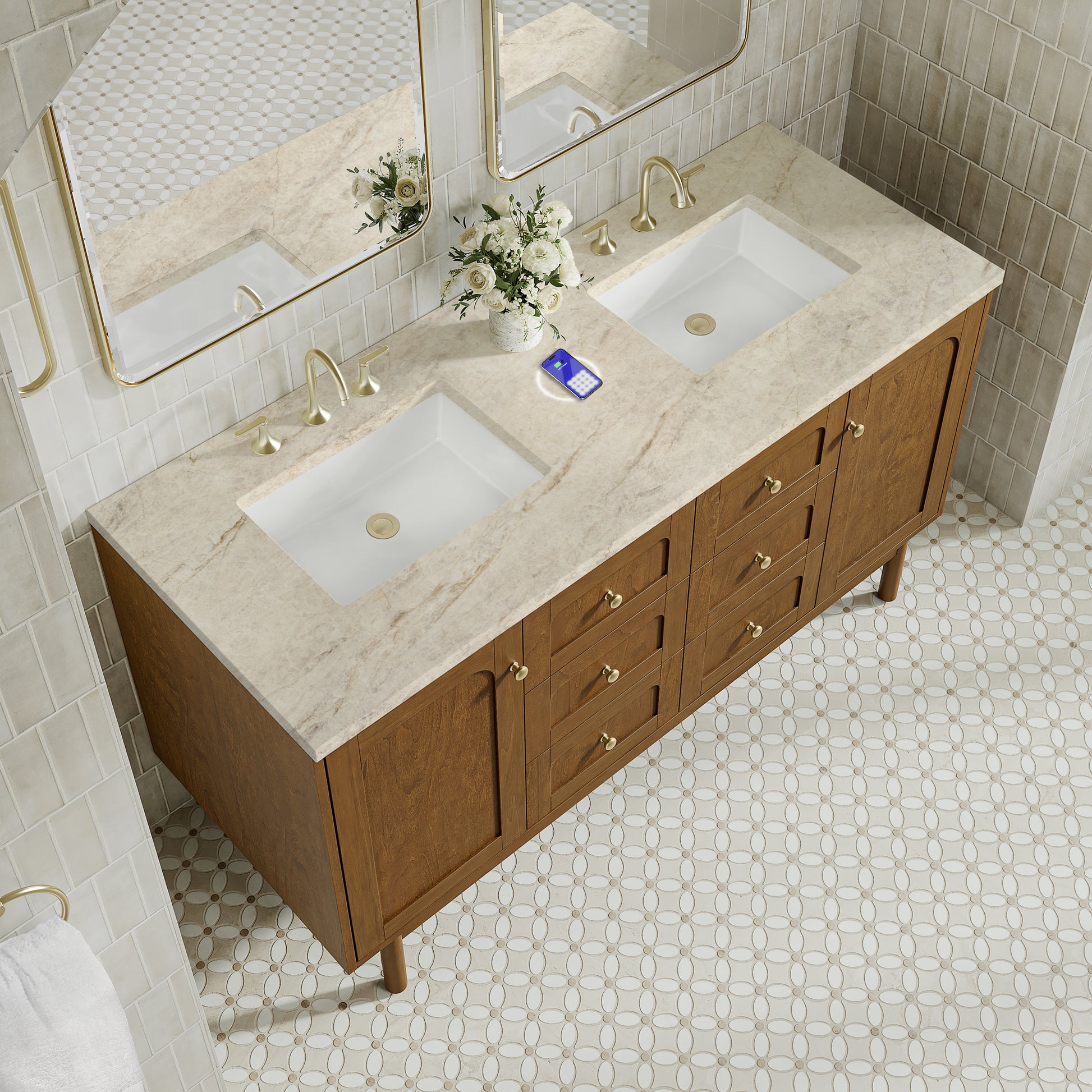 Renovate for Less Atlanta Laurent 60" Double Vanity, Honey Oak w/ 3 CM Tajnar Eclos Top w/FreePower Wireless Charger