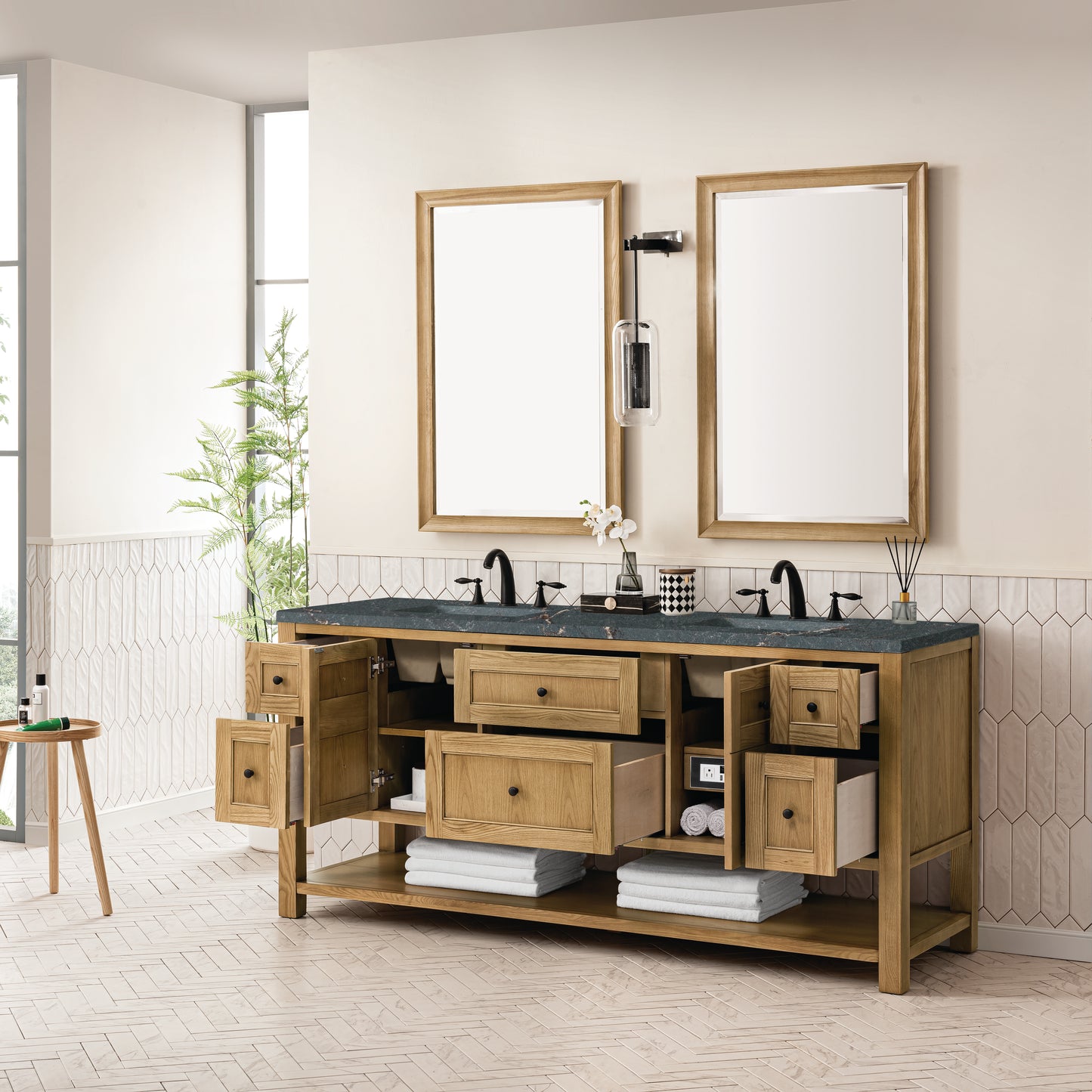 Renovate for Less Atlanta Breckenridge 72" Double Vanity, Light Natural Oak w/ 3 CM Parisien Bleu Top w/FreePower Wireless Charger