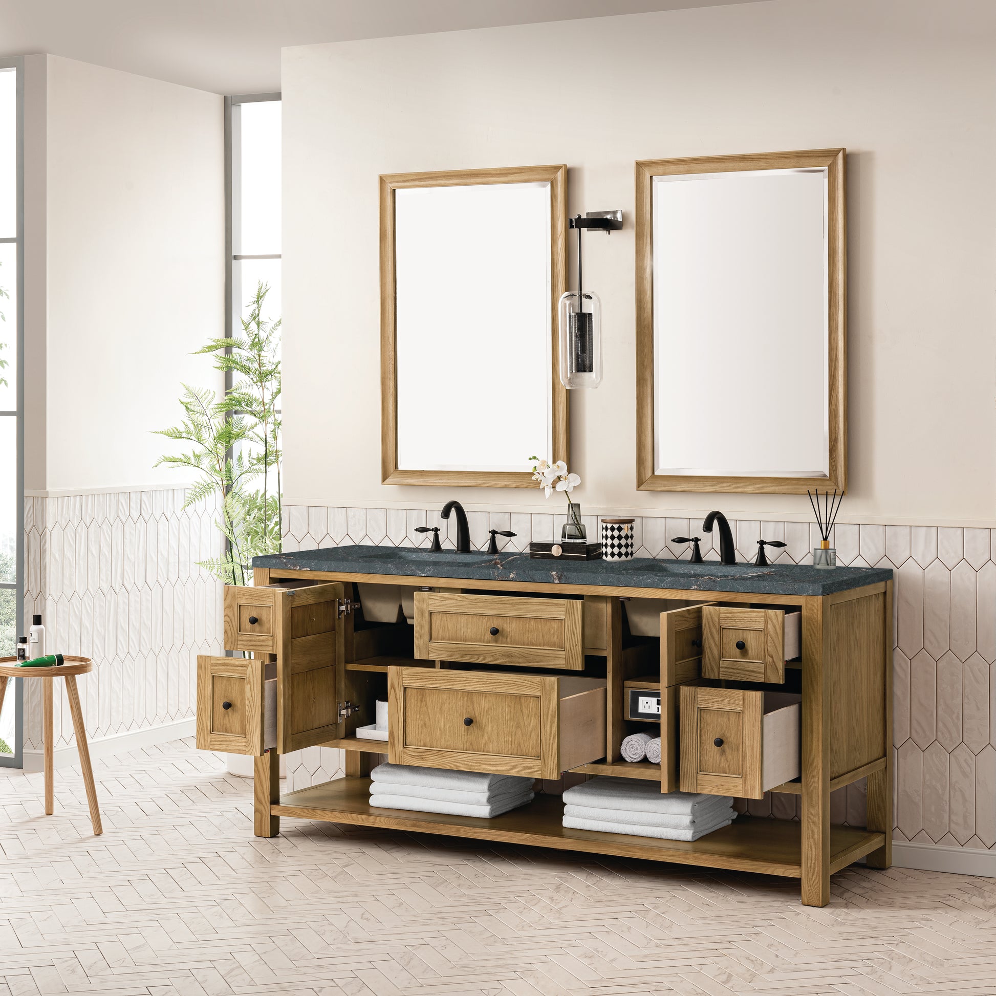 Renovate for Less Atlanta Breckenridge 72" Double Vanity, Light Natural Oak w/ 3 CM Parisien Bleu Top w/FreePower Wireless Charger