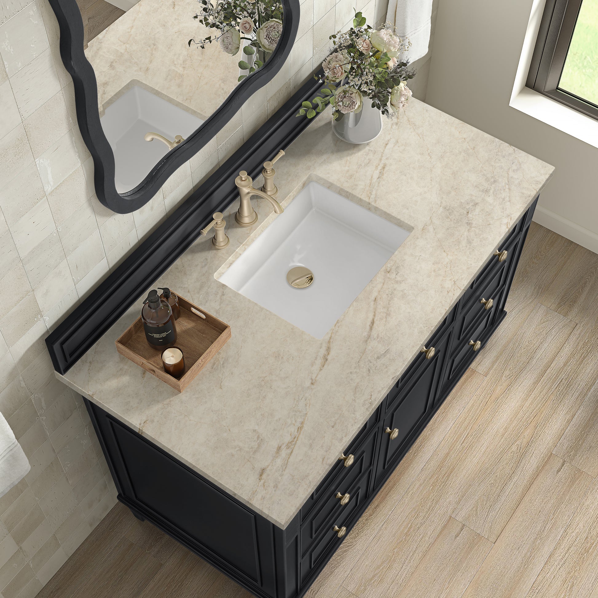 Renovate for Less Atlanta Lorelai 48" Single Vanity, Black Onyx, w/ 3 CM Tajnar Eclos Top
