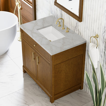 Renovate for Less Atlanta Bellshire 36" Single Vanity, Honey Oak w/ 3 CM Victorian Silver Silestone Top