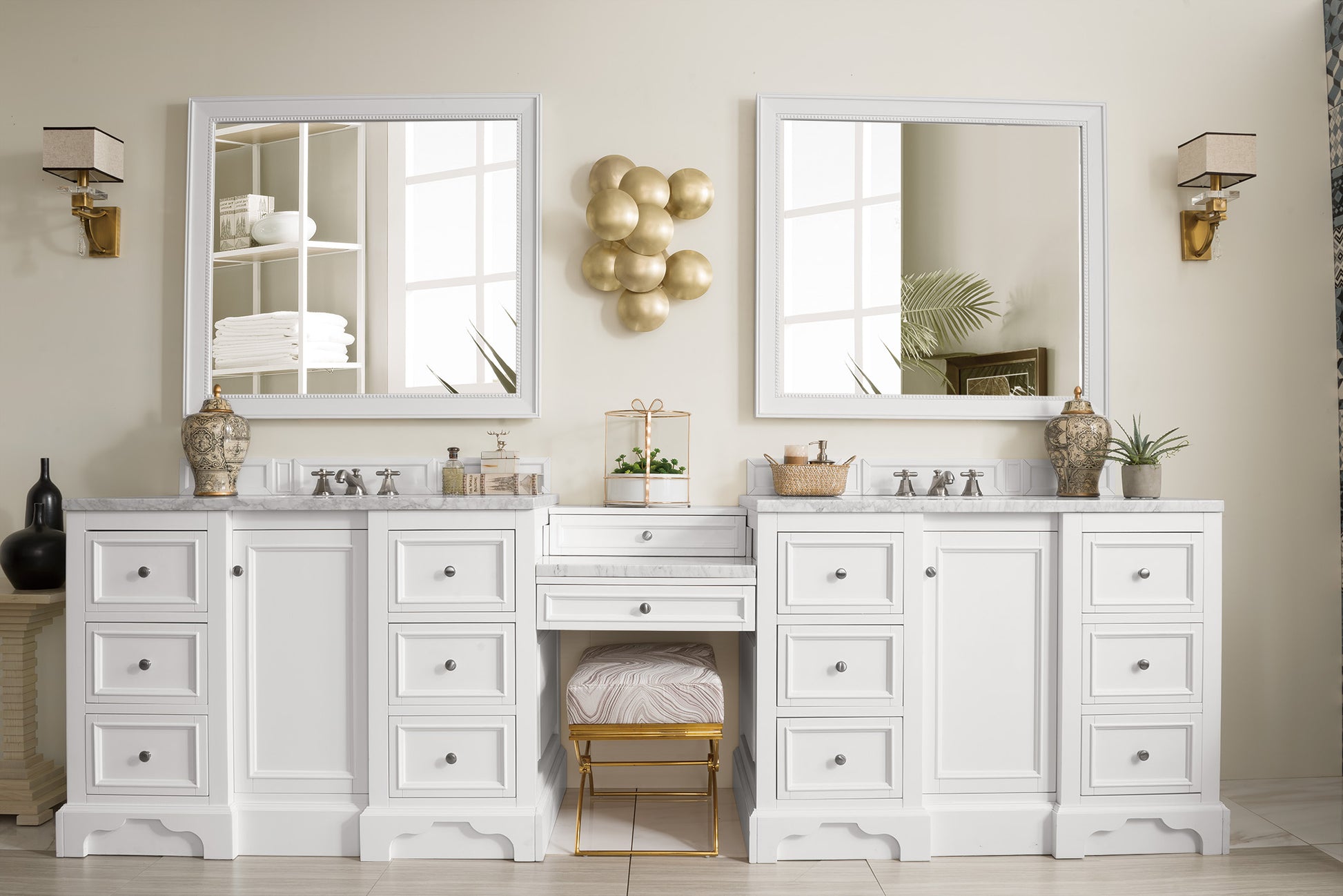 Renovate for Less Atlanta De Soto 118" Double Vanity Set, Bright White w/ 3 CM Carrara Marble Top