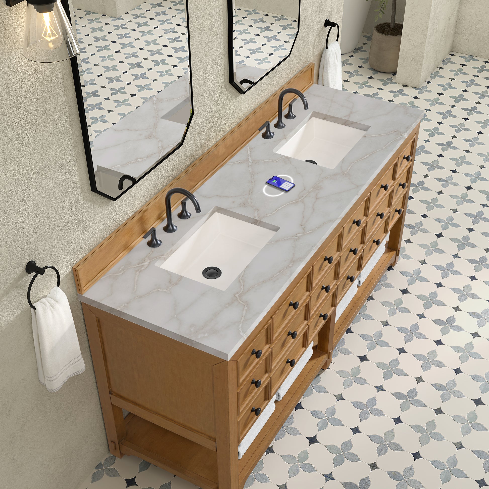 Renovate for Less Atlanta Malibu 72" Double Vanity, Amber Birch w/ 3 CM Victorian Silver Top w/ FreePower Wireless Charger