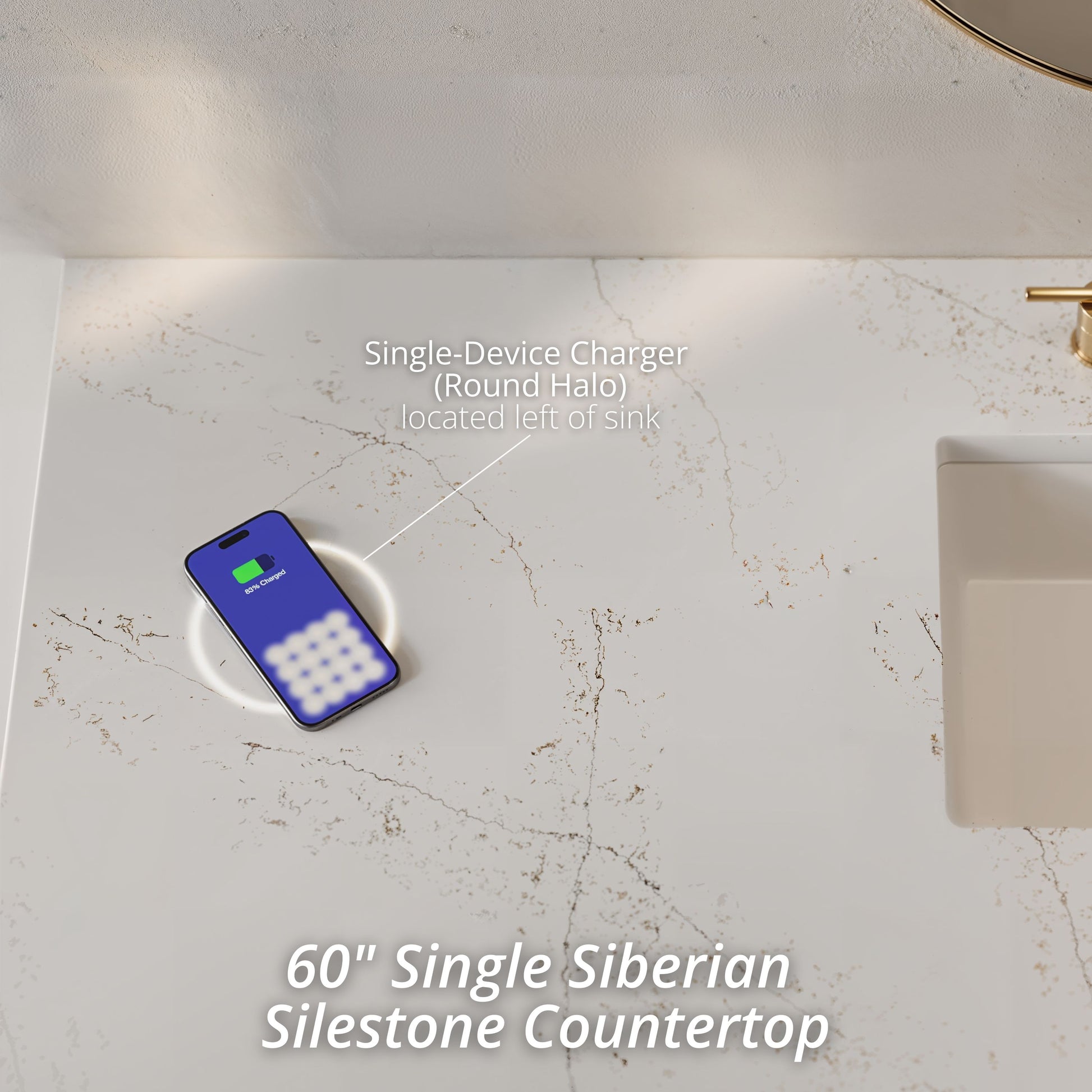Renovate for Less Atlanta Laurent 60" Single Vanity, Honey Oak w/ 3 CM Siberian Silestone Top w/FreePower Wireless Charger