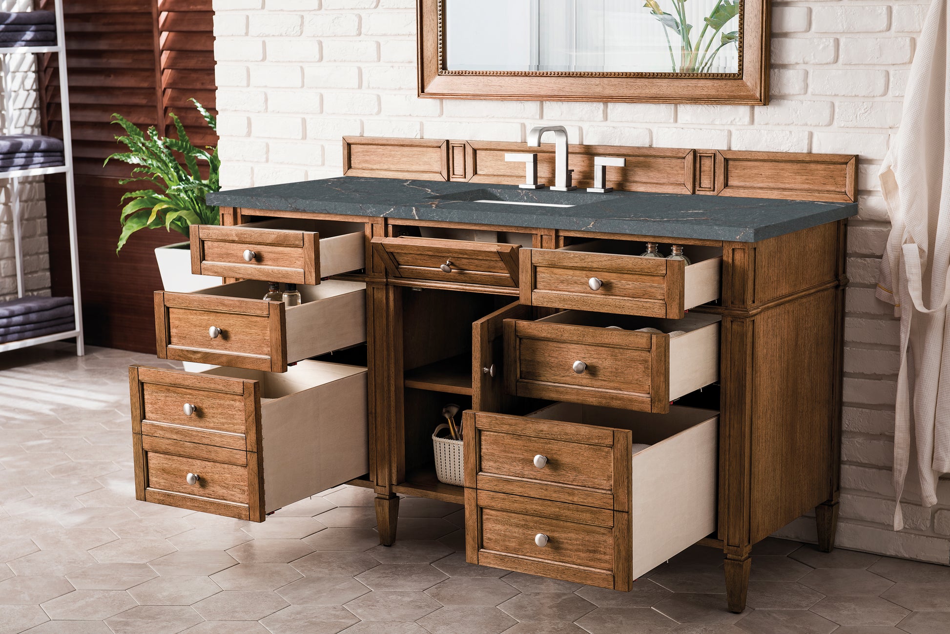 Renovate for Less Atlanta Brittany 60" Single Vanity, Saddle Brown w/ 3 CM Parisien Bleu Silestone Top