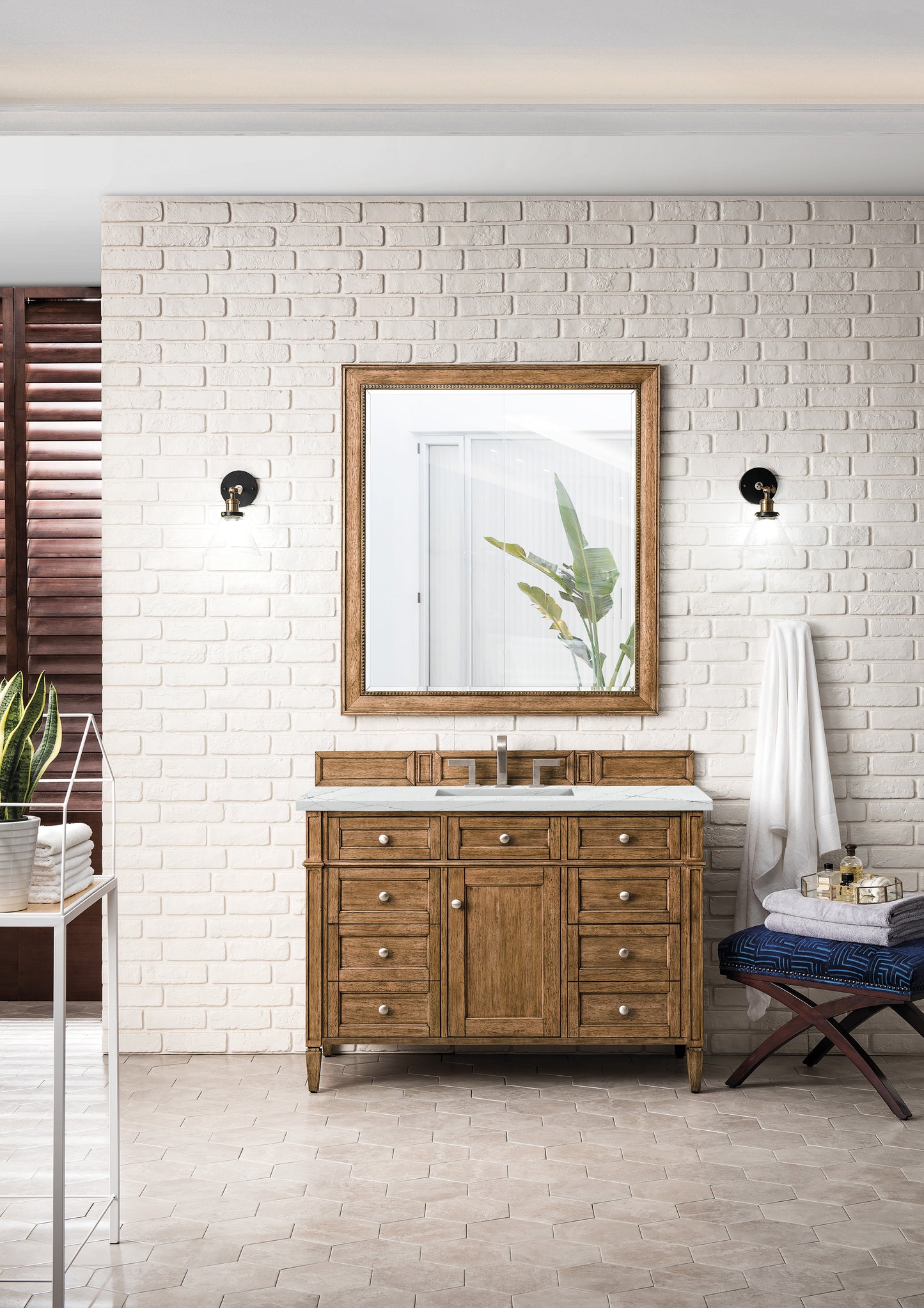 Renovate for Less Atlanta Brittany 48" Single Vanity, Saddle Brown w/ 3 CM Ethereal Noctis Silestone Top w/FreePower Wireless Charger
