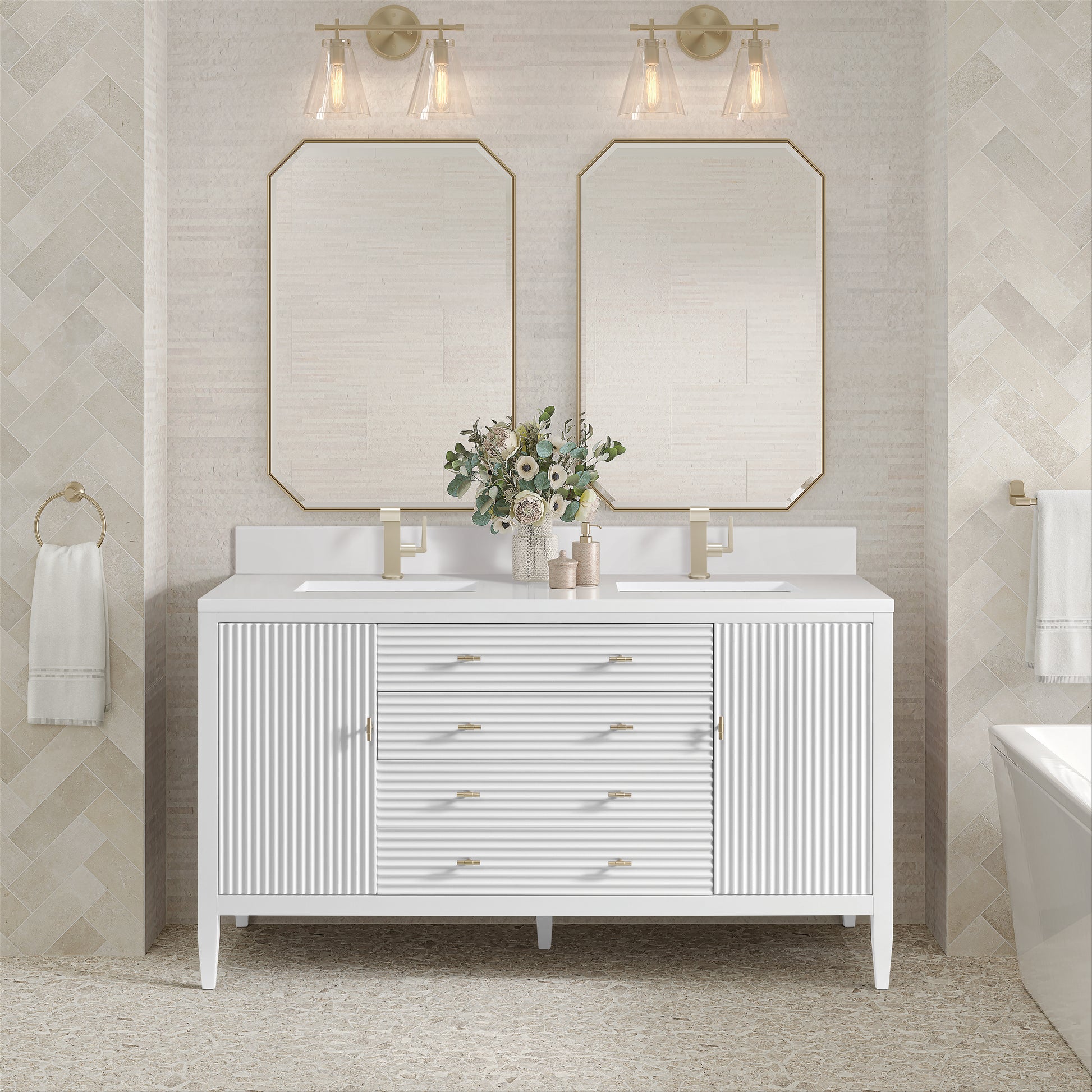 Renovate for Less Atlanta Myrrin 60" Double Vanity, Bright White w/ Single Hole 3 CM White Zeus Silestone Top & Backsplash