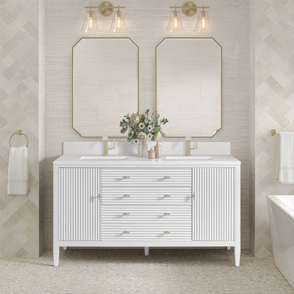 Renovate for Less Atlanta Myrrin 60" Double Vanity, Bright White w/ Single Hole 3 CM White Zeus Silestone Top & Backsplash