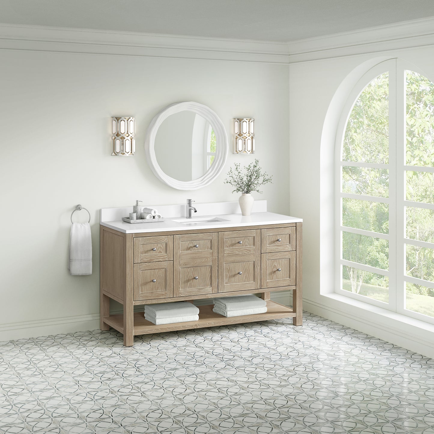 Renovate for Less Atlanta Breckenridge 60" Single Vanity, Whitewashed Oak, w/ Single Hole 3 CM White Zeus Quartz Top & Backsplash