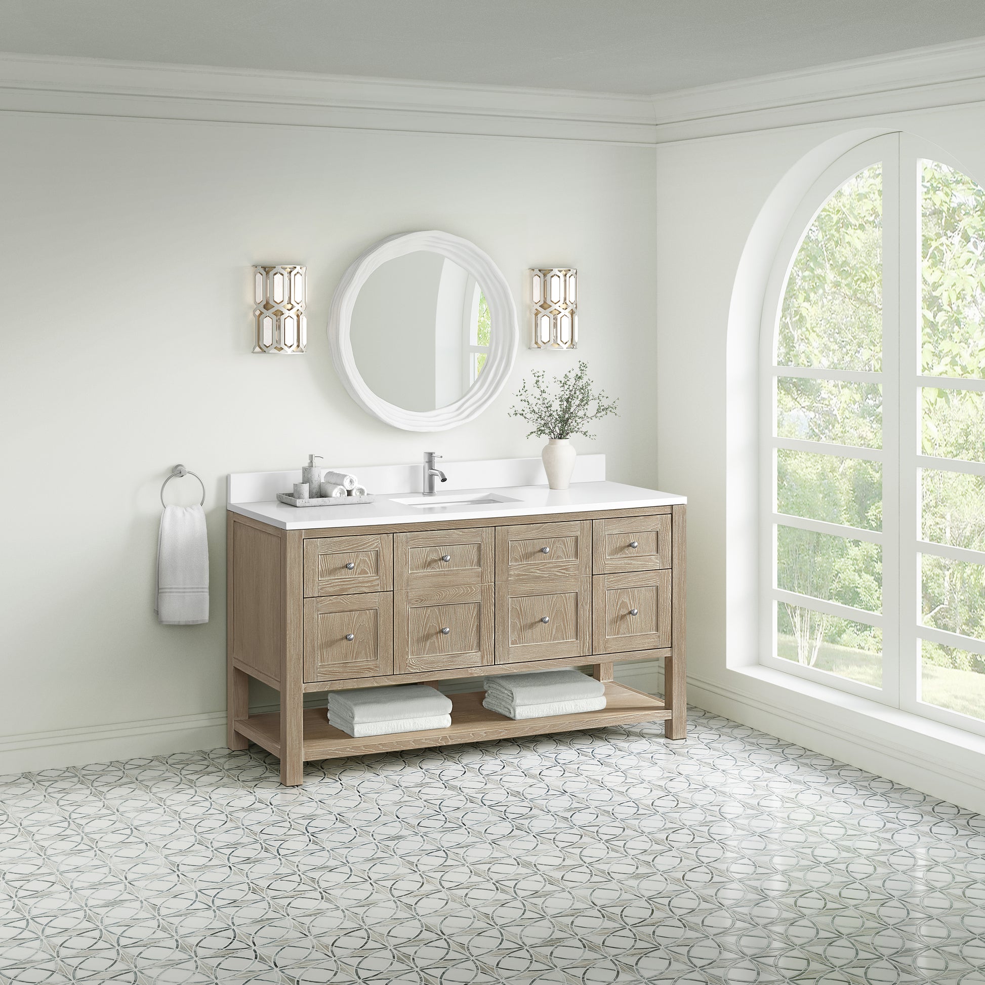 Renovate for Less Atlanta Breckenridge 60" Single Vanity, Whitewashed Oak, w/ Single Hole 3 CM White Zeus Quartz Top & Backsplash