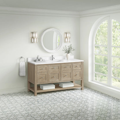 Breckenridge 60" Single Vanity, Whitewashed Oak, w/ Single Hole 3 CM White Zeus Quartz Top & Backsplash