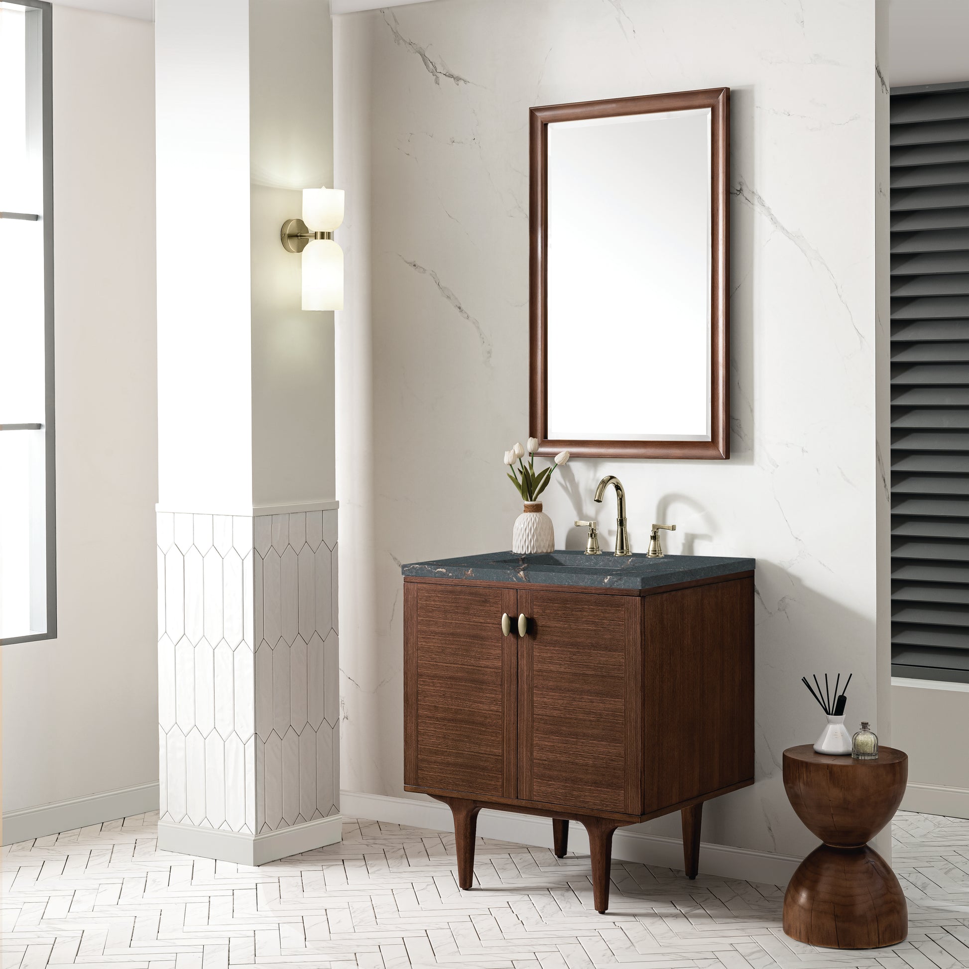 Renovate for Less Atlanta Amberly 30" Single Vanity, Mid-Century Walnut w/ 3 CM Parisien Bleu Top