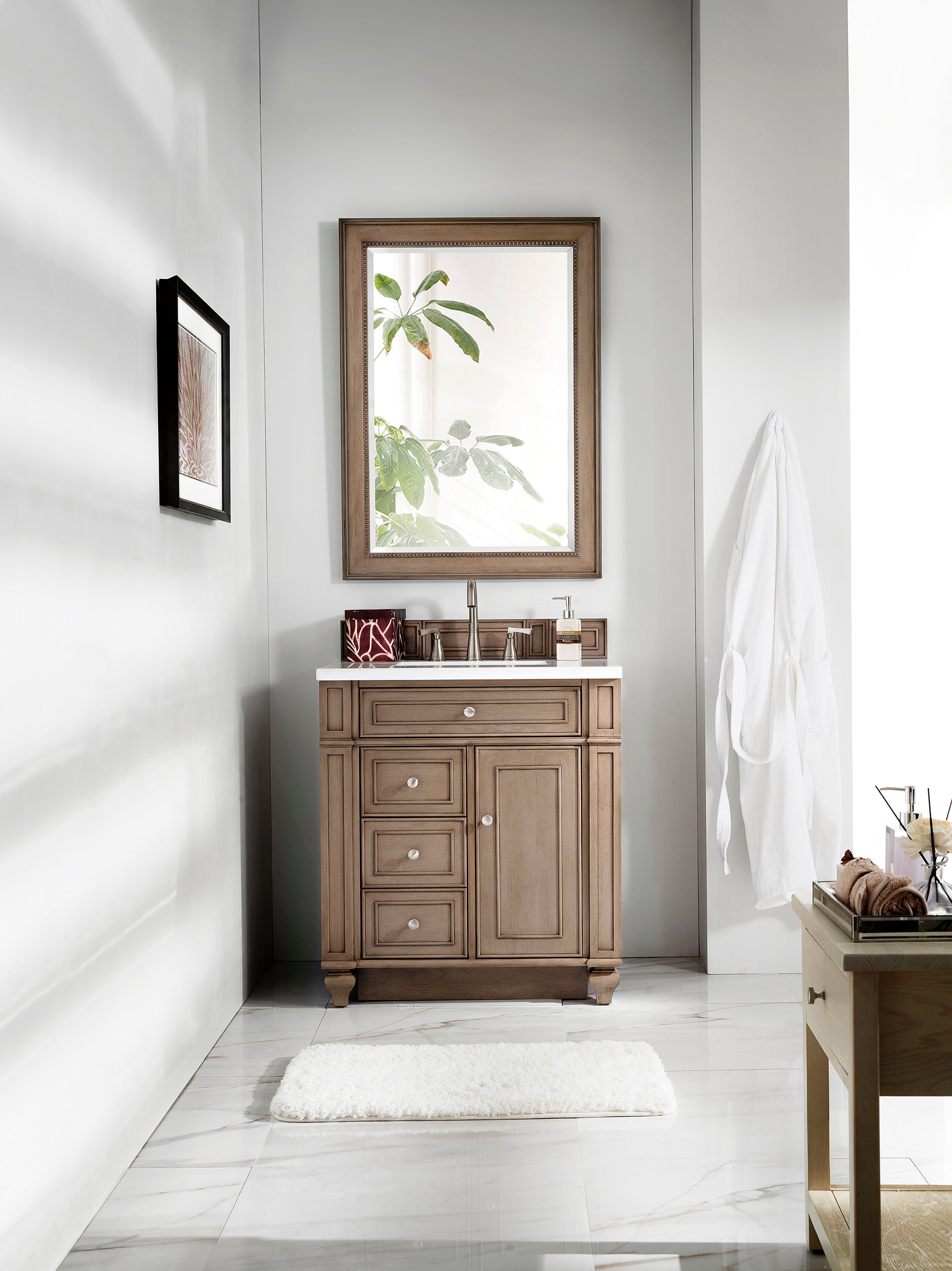 Renovate for Less Atlanta Bristol 30" Single Vanity, Whitewashed Walnut w/ 3 CM White Zeus Silestone Top