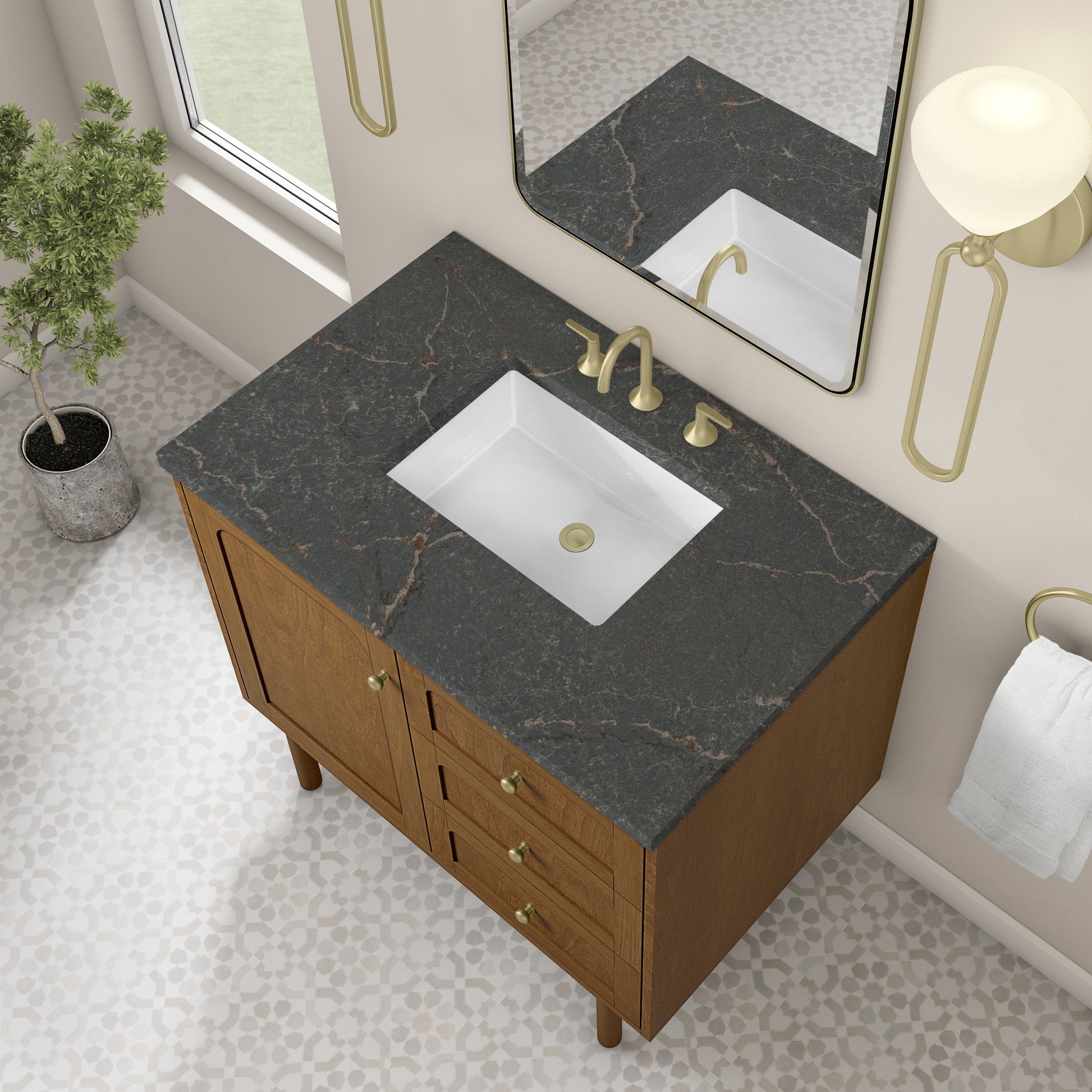 Renovate for Less Atlanta Laurent 36" Single Vanity, Honey Oak w/ 3 CM Parisien Bleu Silestone Top