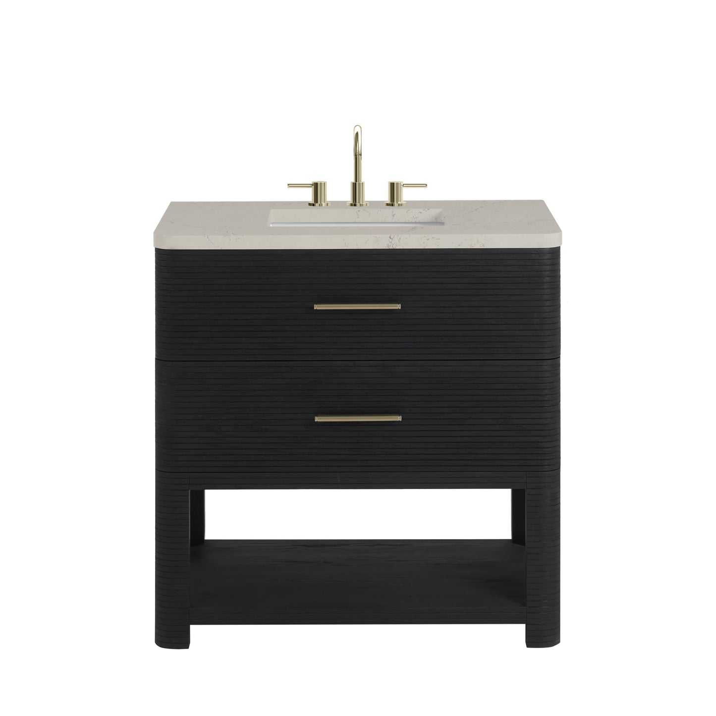 Renovate for Less Atlanta Lucian 36" Single Vanity, Carbon Oak, w/ 3 CM Siberian Silestone Widespread Top
