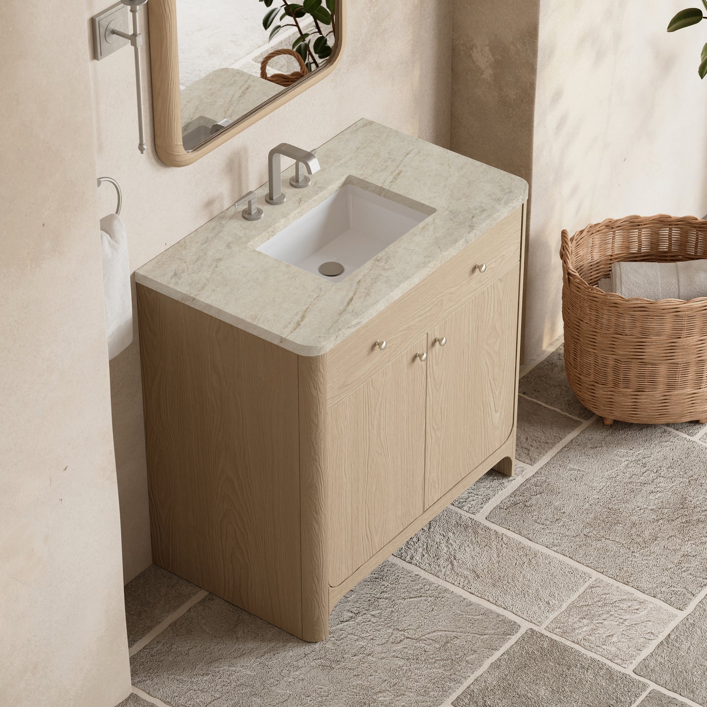 Renovate for Less Atlanta Gracyn 36" Single Vanity, Coastal Driftwood, w/ 3 CM Tajnar Eclos Widespread Top