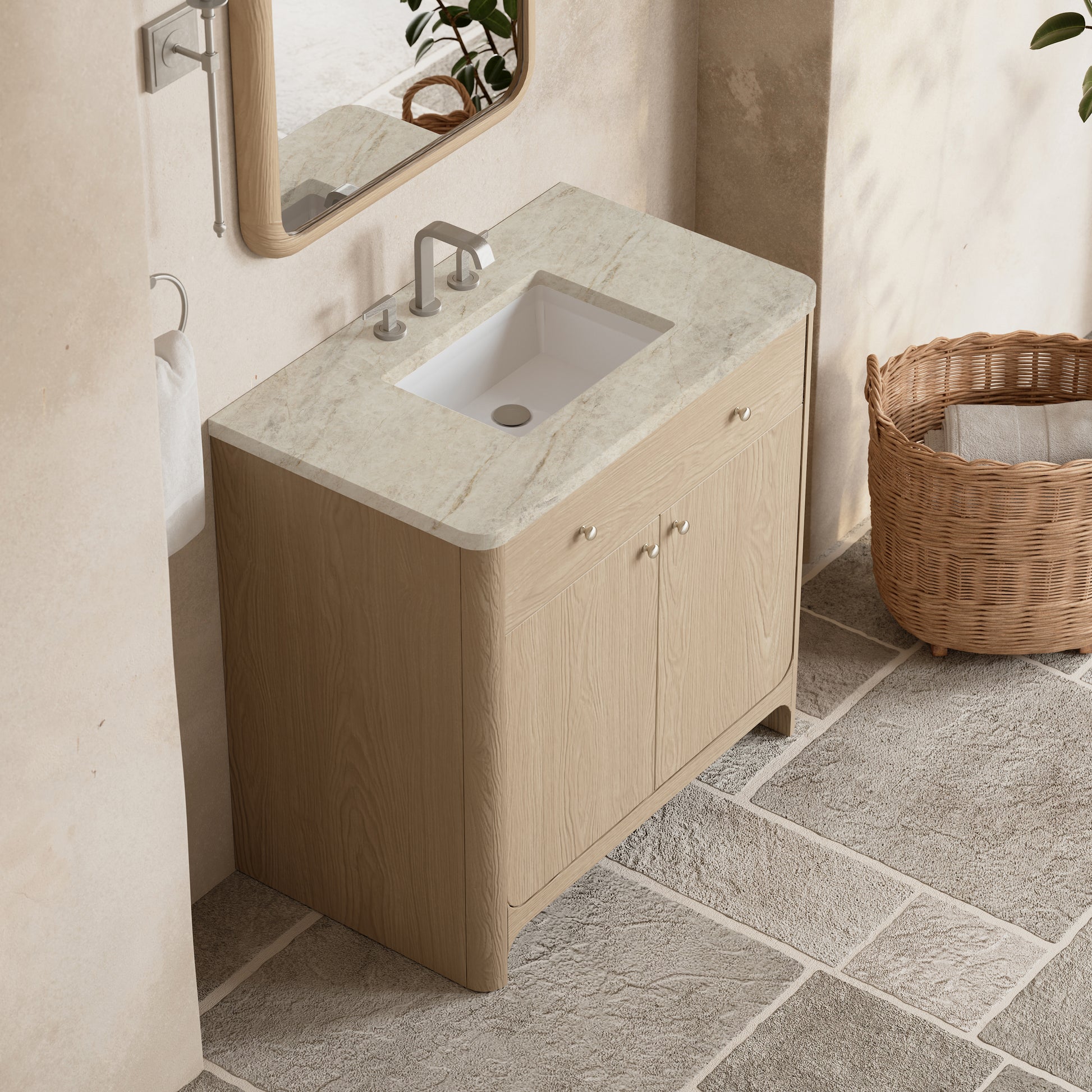 Renovate for Less Atlanta Gracyn 36" Single Vanity, Coastal Driftwood, w/ 3 CM Tajnar Eclos Widespread Top