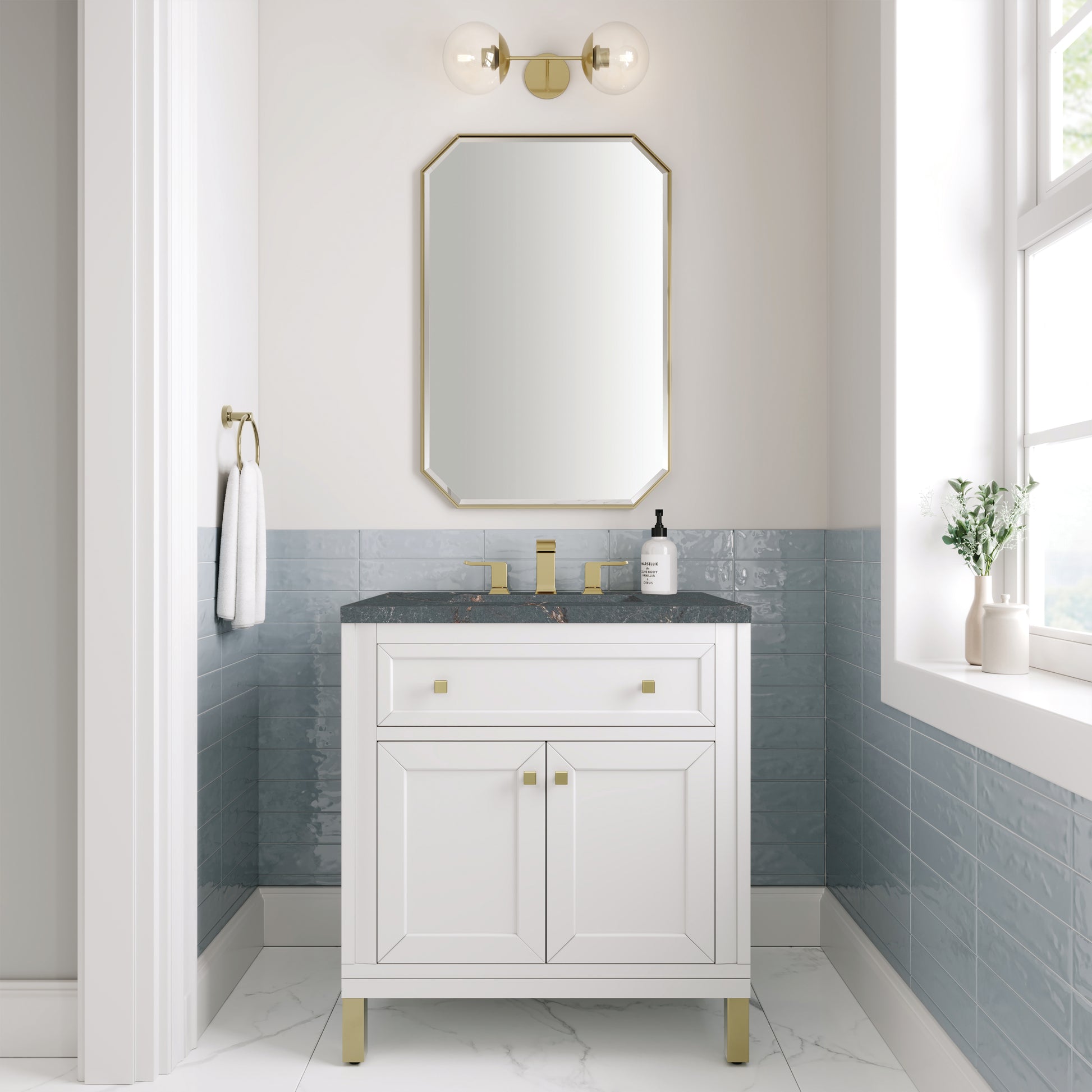 Renovate for Less Atlanta Chicago 30" Single Vanity, Glossy White, w/ 3 CM Parisien Bleu Silestone® Top