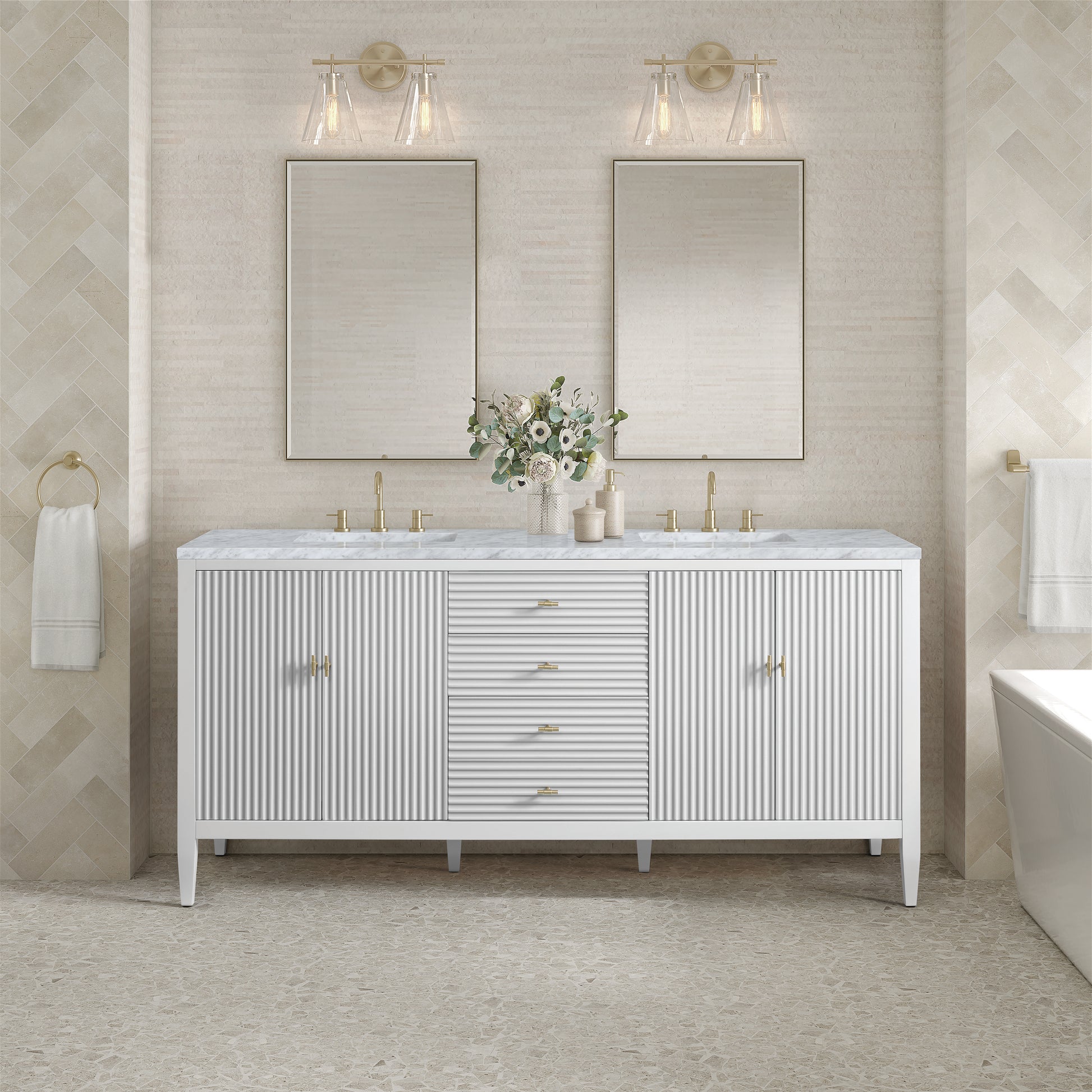 Renovate for Less Atlanta Myrrin 72" Double Vanity, Bright White w/ 3 CM Carrara White Marble Top