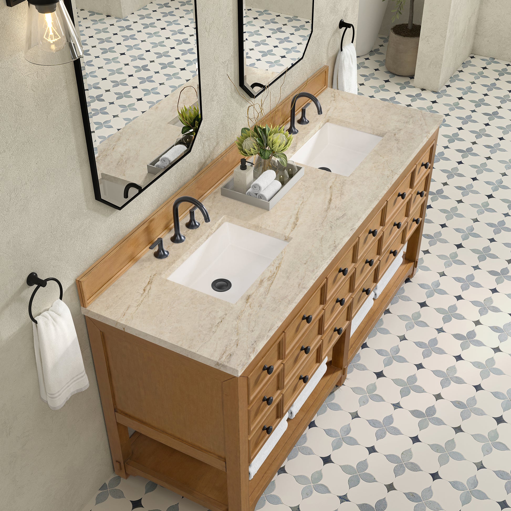 Renovate for Less Atlanta Malibu 72" Double Vanity, Amber Birch, w/ 3 CM Tajnar Eclos Top