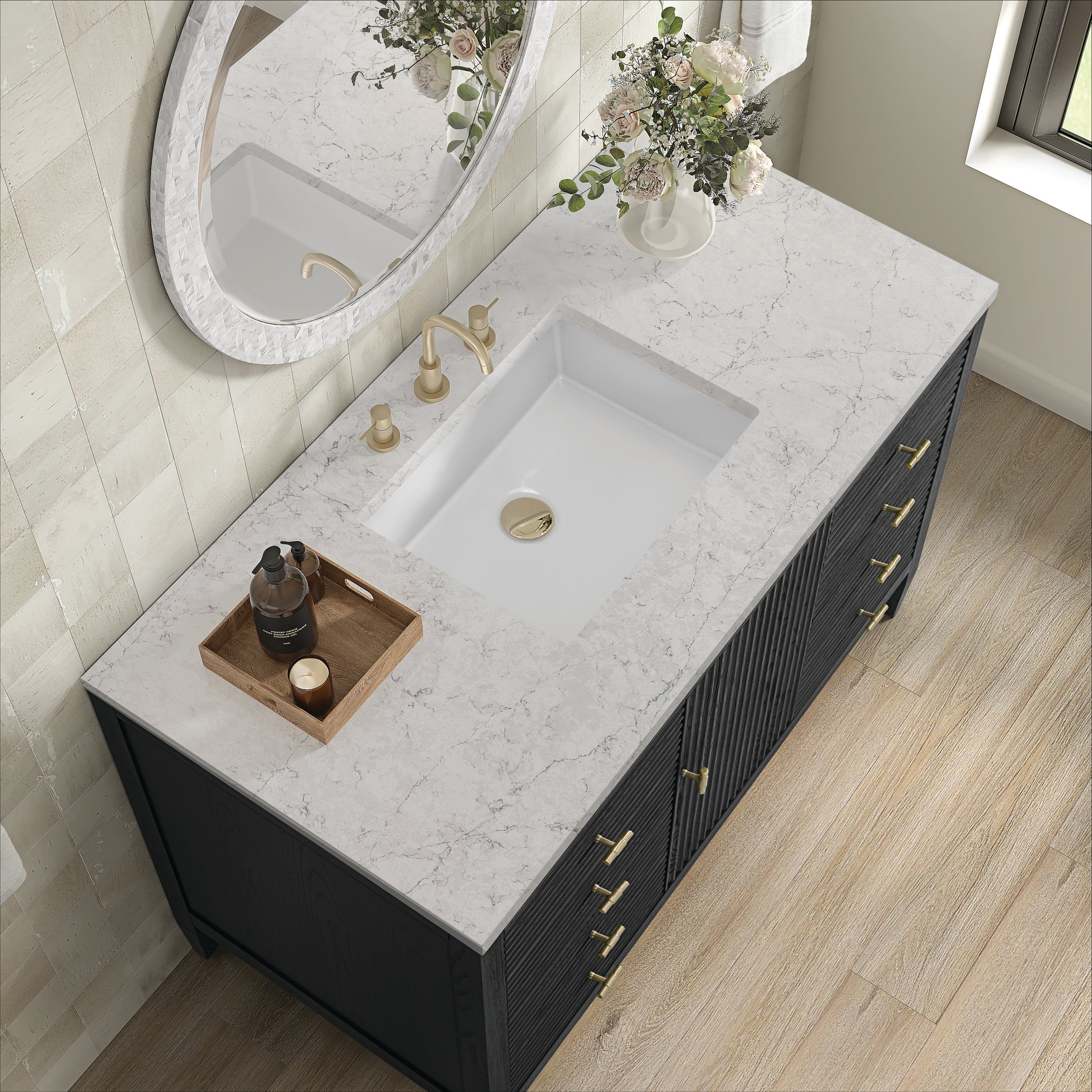 Renovate for Less Atlanta Myrrin 48" Single Vanity, Carbon Oak w/ 3 CM Eternal Jasmine Pearl Silestone Top