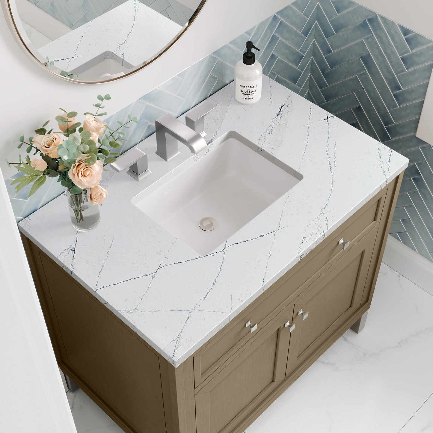 Renovate for Less Atlanta Chicago 36" Single Vanity, Walnut Whisper, w/ 3 CM Ethereal Noctis Silestone® Top