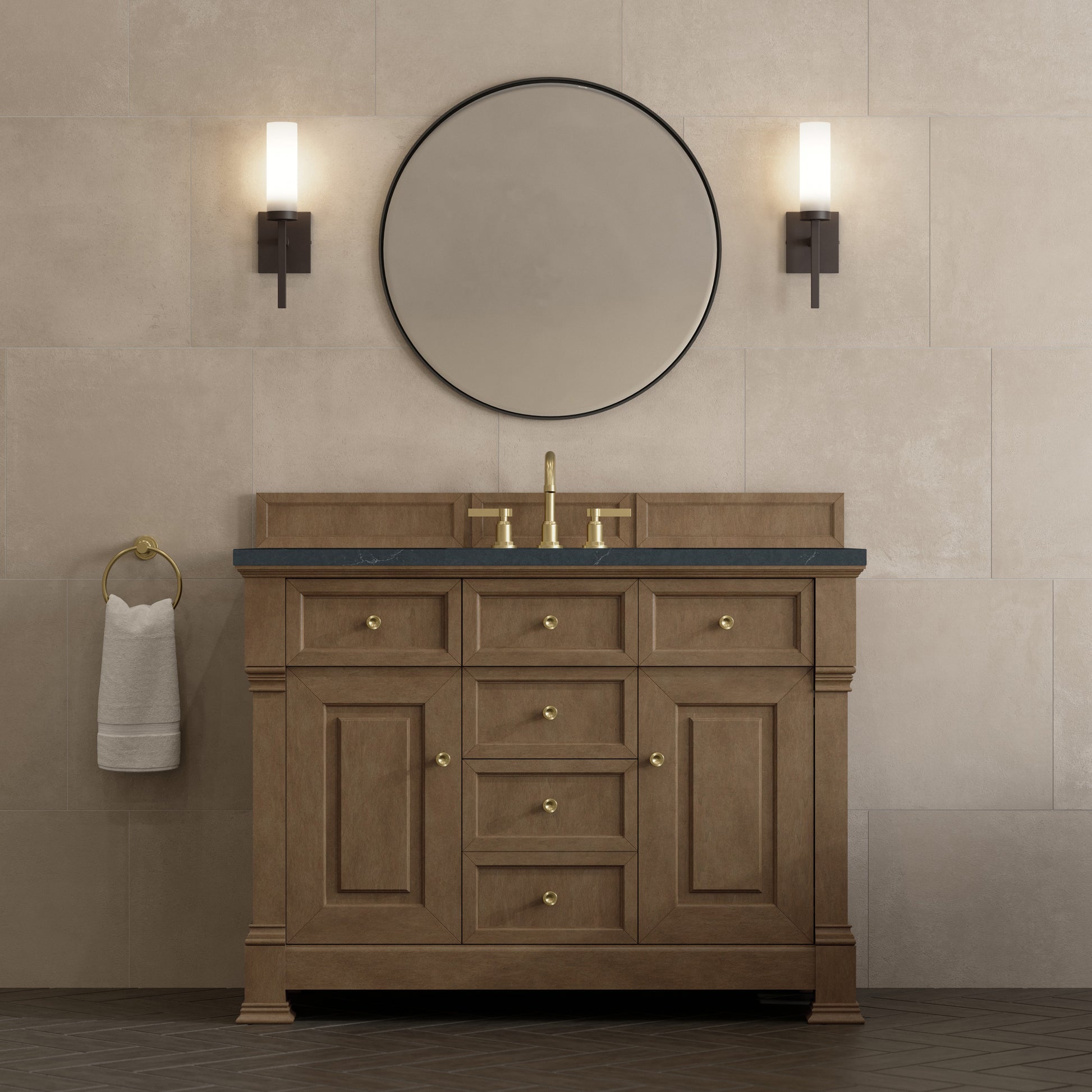 Renovate for Less Atlanta Brookfield 48" Single Vanity, Pecan w/3 CM Charcoal Soapstone Silestone Top