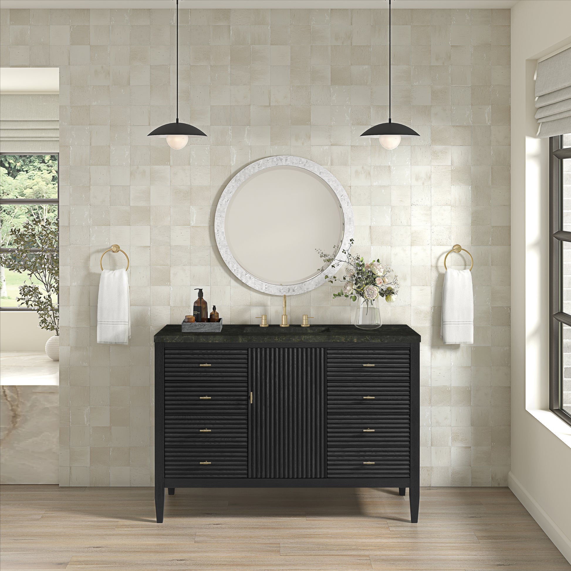Renovate for Less Atlanta Myrrin 48" Single Vanity, Carbon Oak, w/ 3 CM Phantome Eclos Top