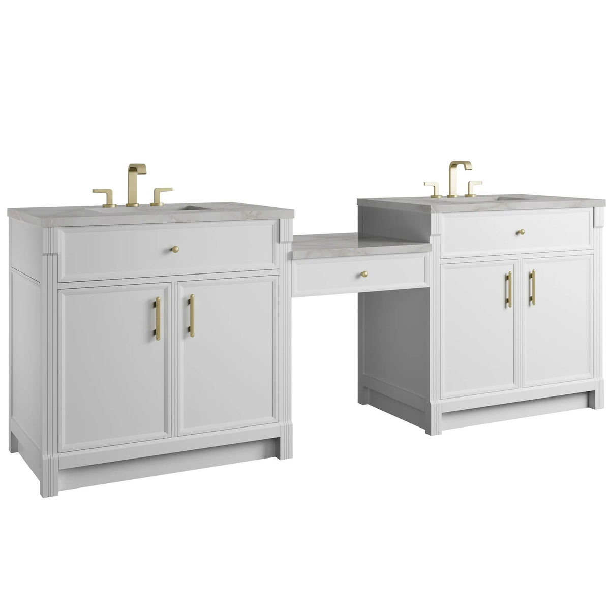 Bellshire 96" Dual Vanity Set with 24" Make-Up Counter, Bright White w/3 cm Victorian Silver Silestone Top