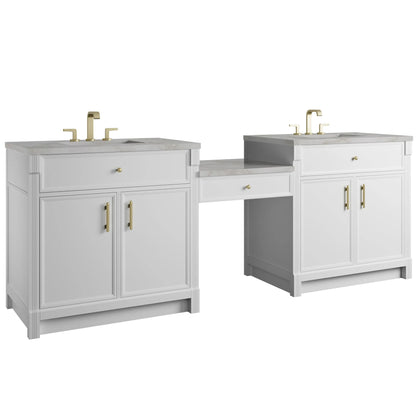 Bellshire 96" Dual Vanity Set with 24" Make-Up Counter, Bright White w/3 cm Victorian Silver Silestone Top