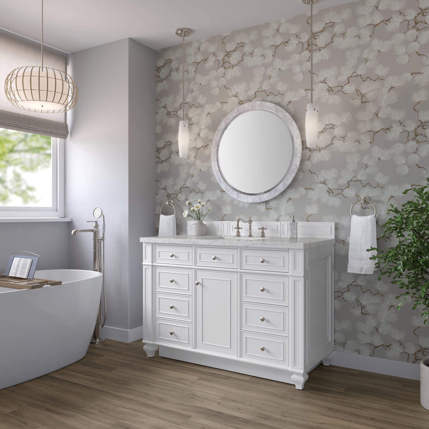 Renovate for Less Atlanta Bristol 48" Single Vanity, Bright White w/ 3 CM Eternal Jasmine Pearl Silestone Top