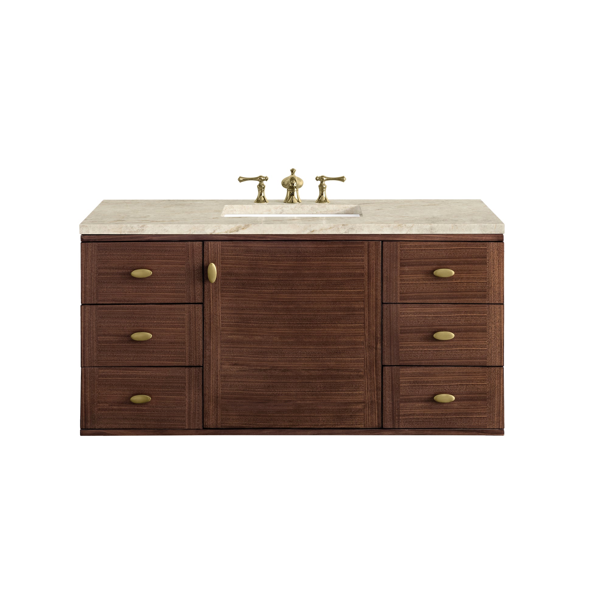 Renovate for Less Atlanta Amberly 48" Single Vanity, Mid-Century Walnut, w/ 3 CM Tajnar Eclos Top w/FreePower Wireless Charger