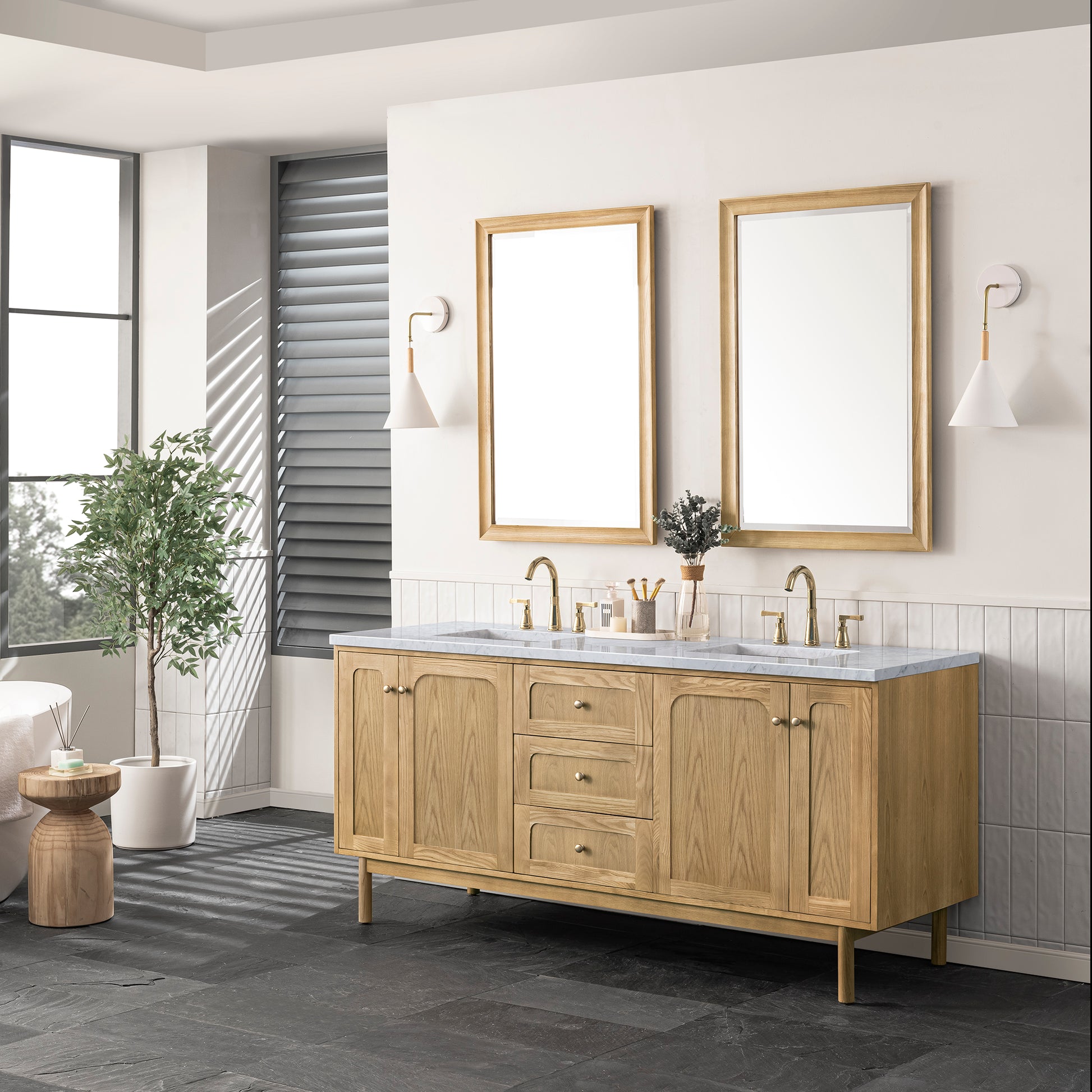 Renovate for Less Atlanta Laurent 72" Double Vanity, Light Natural Oak w/ 3 CM Carrara Marble Top