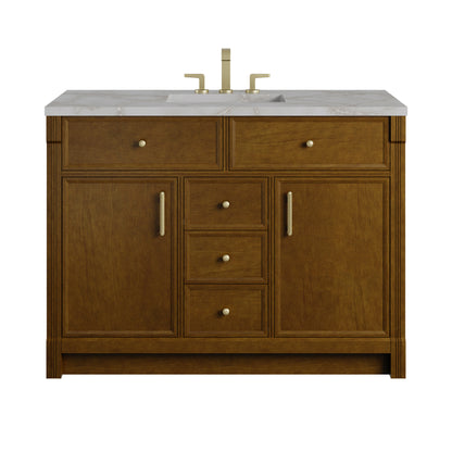 Renovate for Less Atlanta Bellshire 48" Single Vanity, Honey Oak w/ 3 CM Victorian Silver Silestone Top w/FreePower Wireless Charger