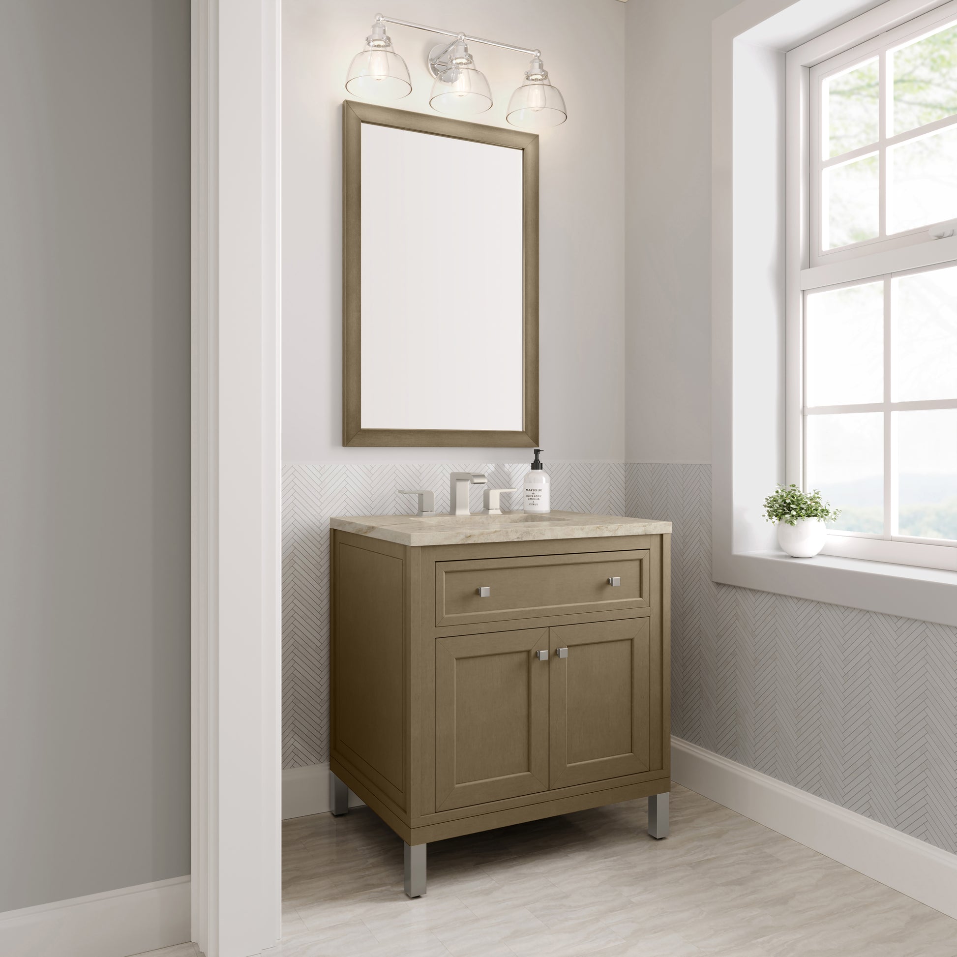 Renovate for Less Atlanta Chicago 30" Single Vanity, Walnut Whisper, w/ 3 CM Tajnar Eclos Top